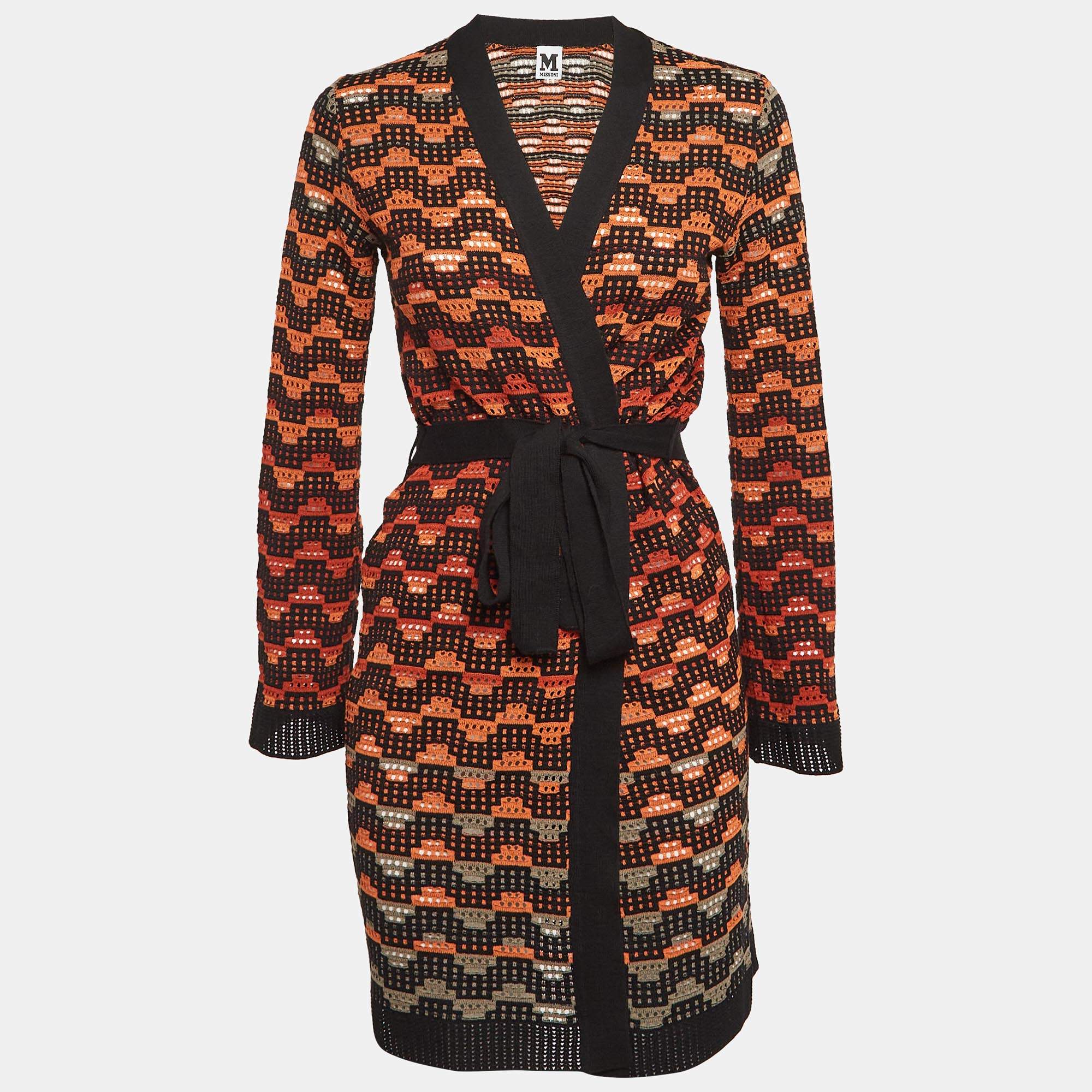مملوكة مسبقًا M Missoni Orange/Black Patterned Knit Belted Cardigan S