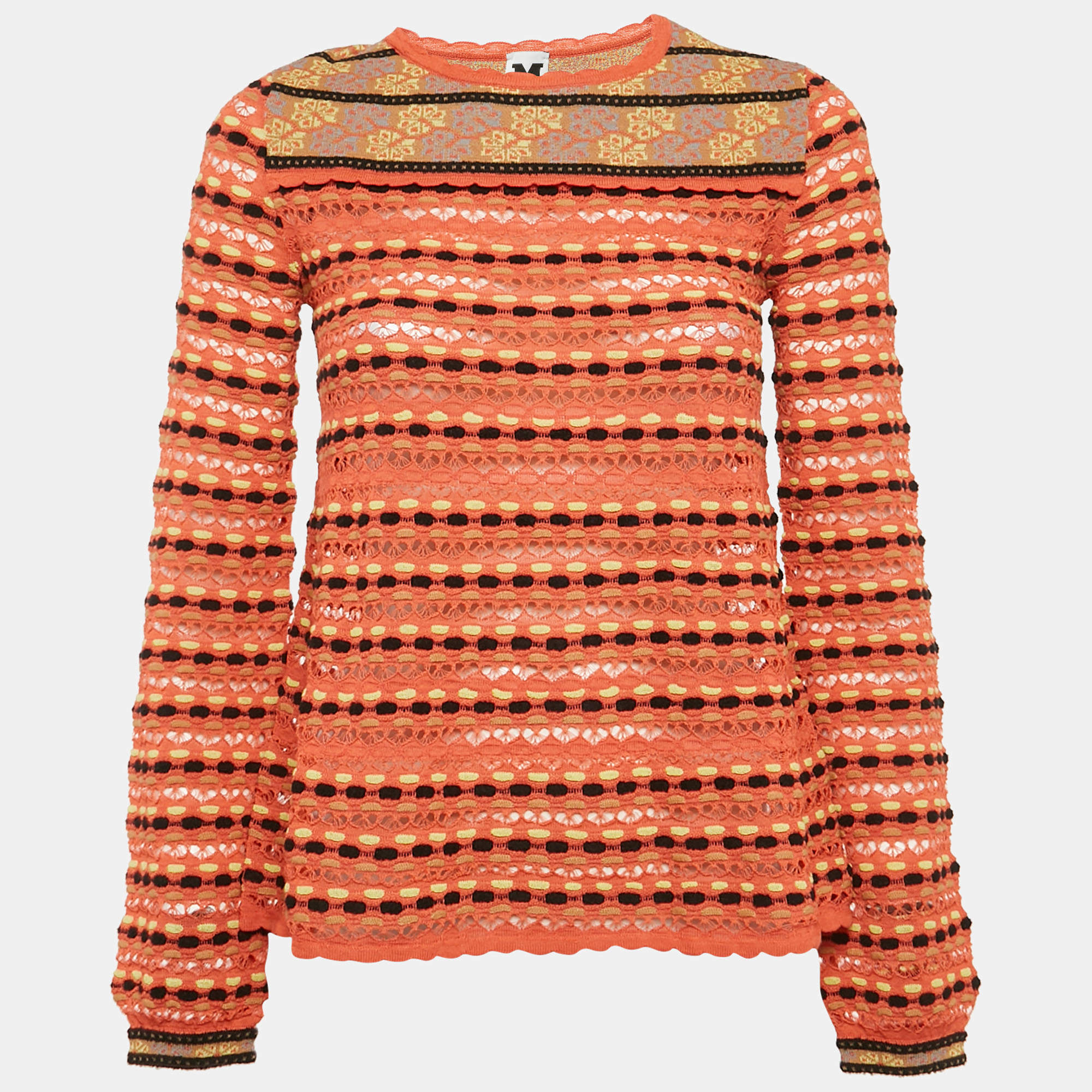 Pre Owned M Missoni Orange Pointelle Knit Long Sleeve Top S