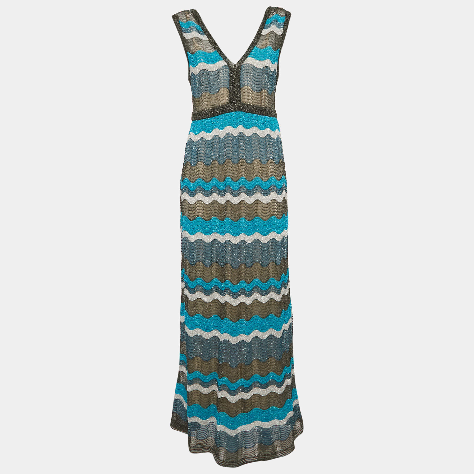 Pre Owned M Missoni Blue Wave Pattern Lurex Knit Sleeveless Long Dress M