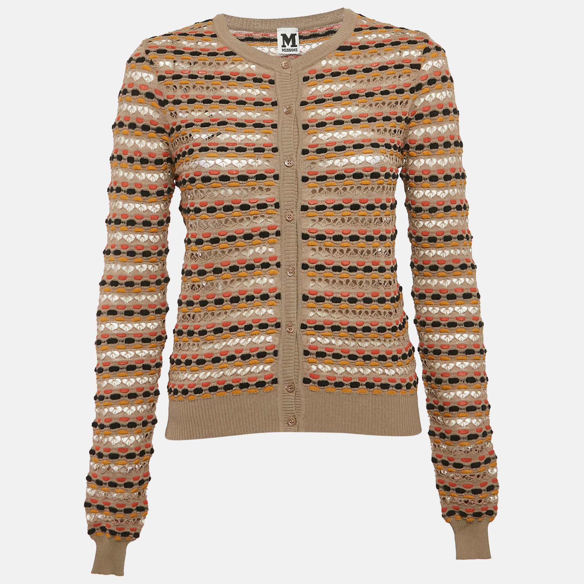 Pre Owned M Missoni Multicolor Patterned Knit Button Front Cardigan L