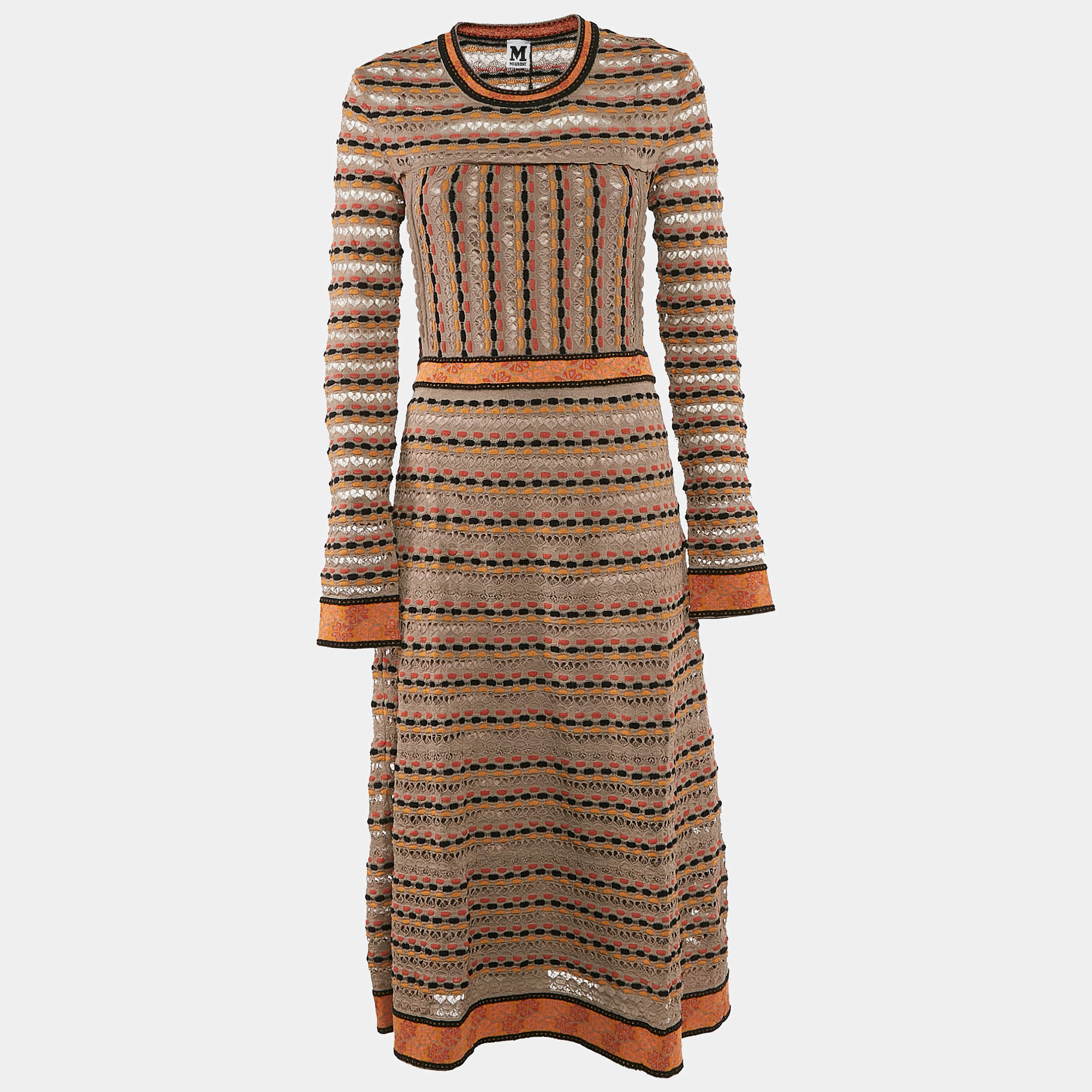 مملوكة مسبقًا M Missoni Beige/Black Patterned Knit Long Sleeve Midi Dress M