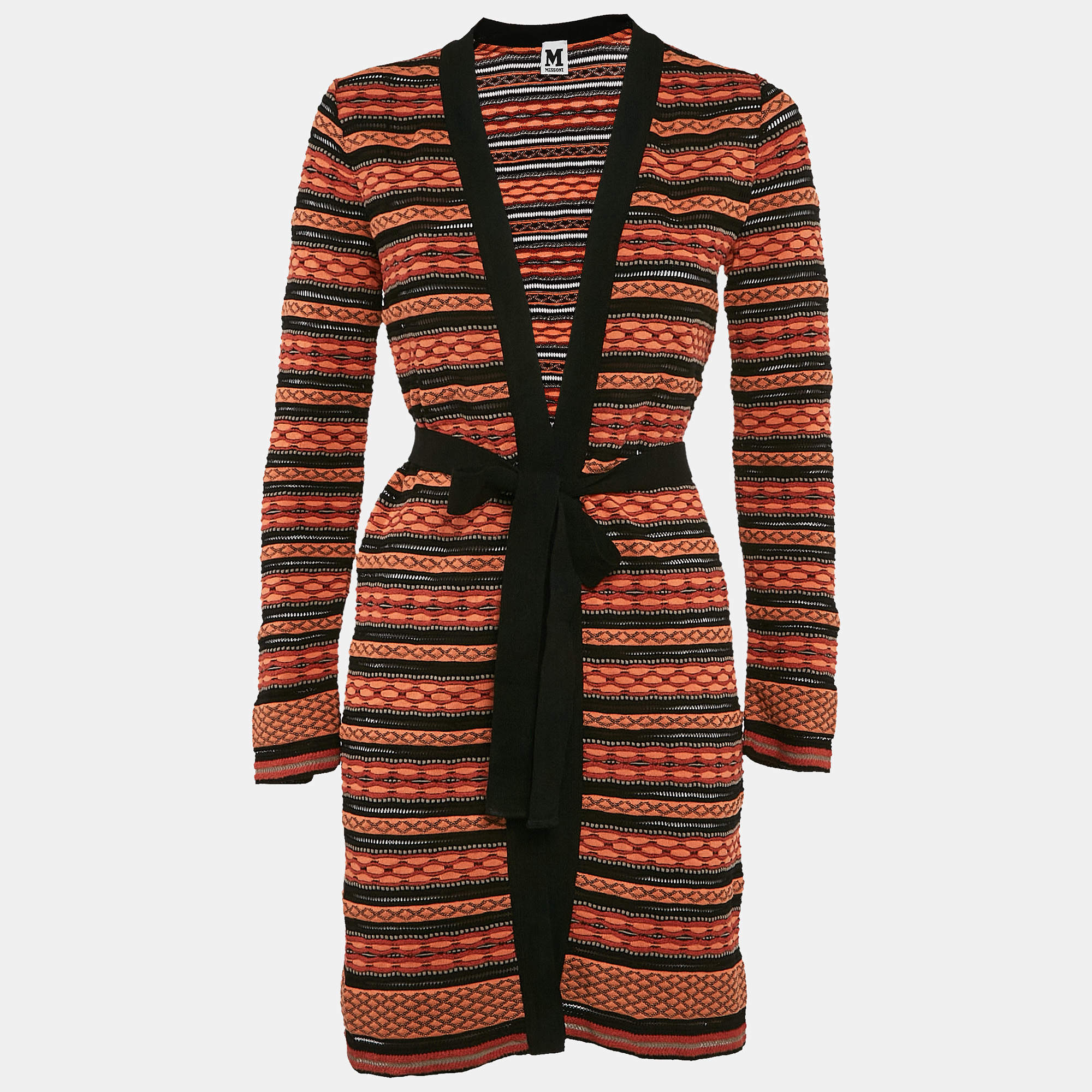 Pre Owned M Missoni Orange/Black Patterned Knit Long Cardigan S