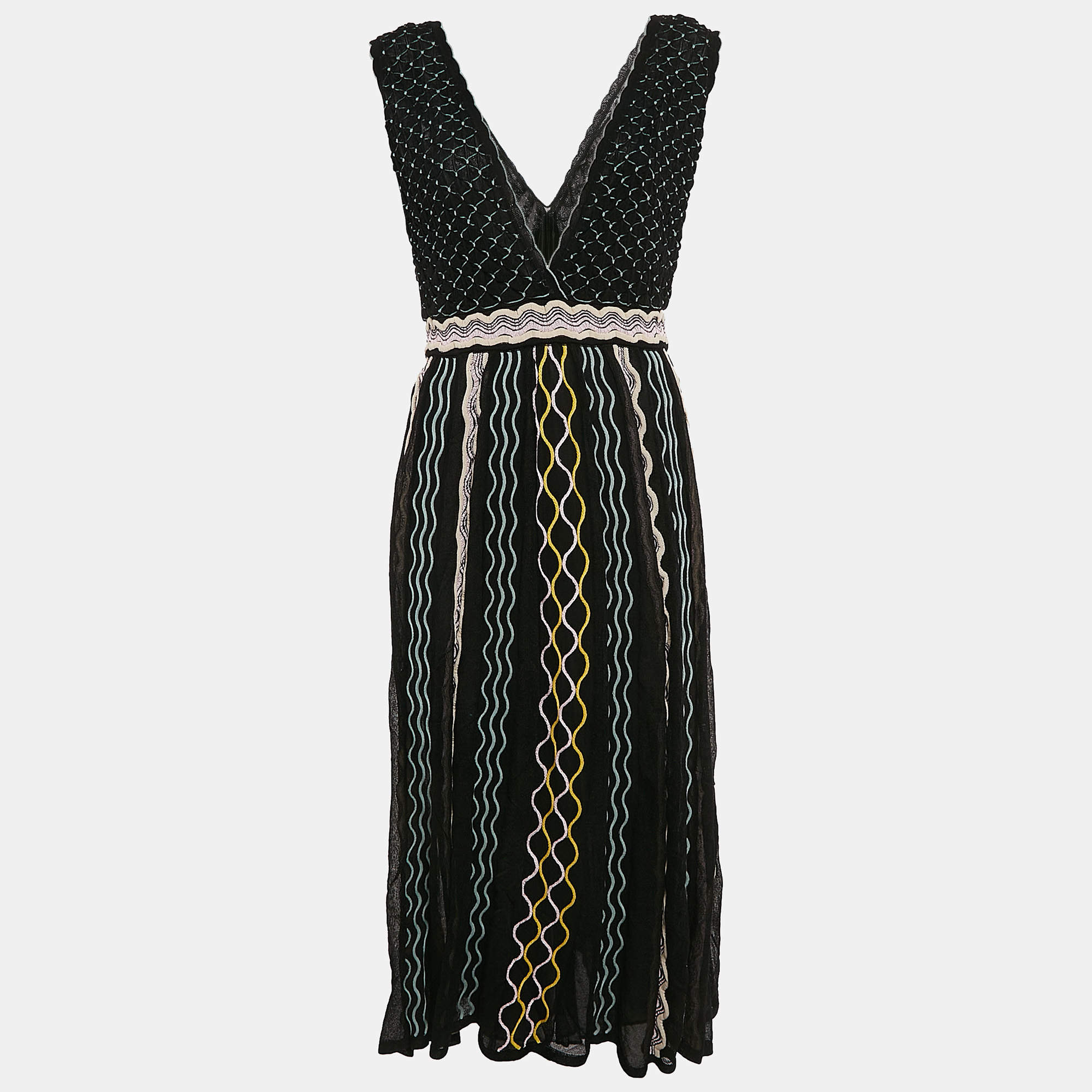 M Missoni Black/Blue Patterned Knit Plunge Neck Midi Dress L