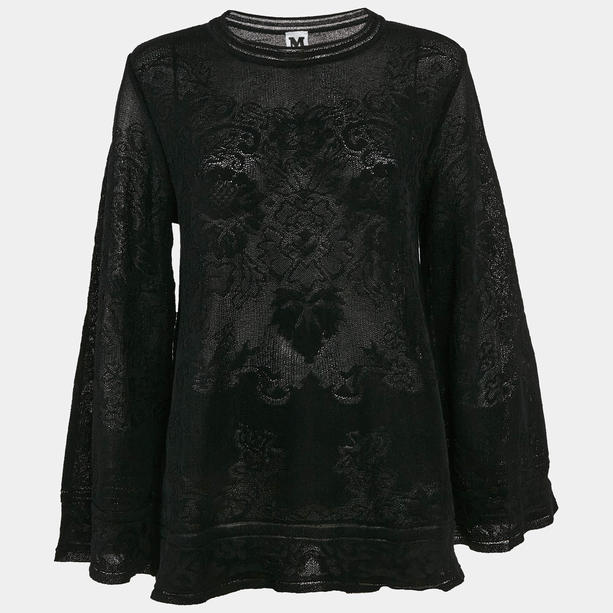 Pre Owned M Missoni Black Floral Knit Long Sleeve Top L