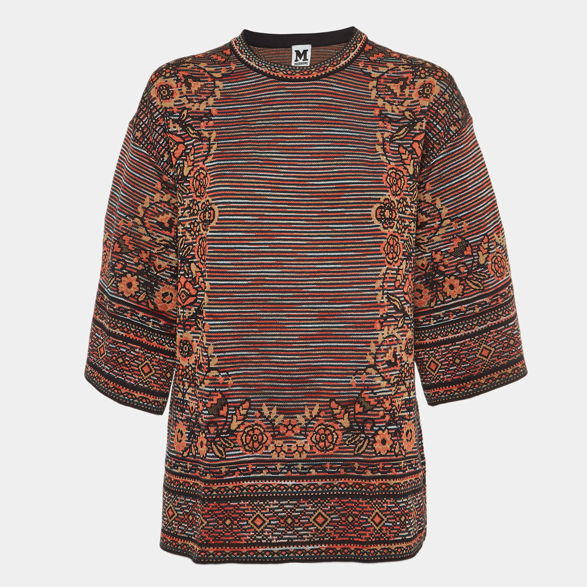 Pre Owned M Missoni Black/Orange Patterned Knit Bell Sleeves Top L