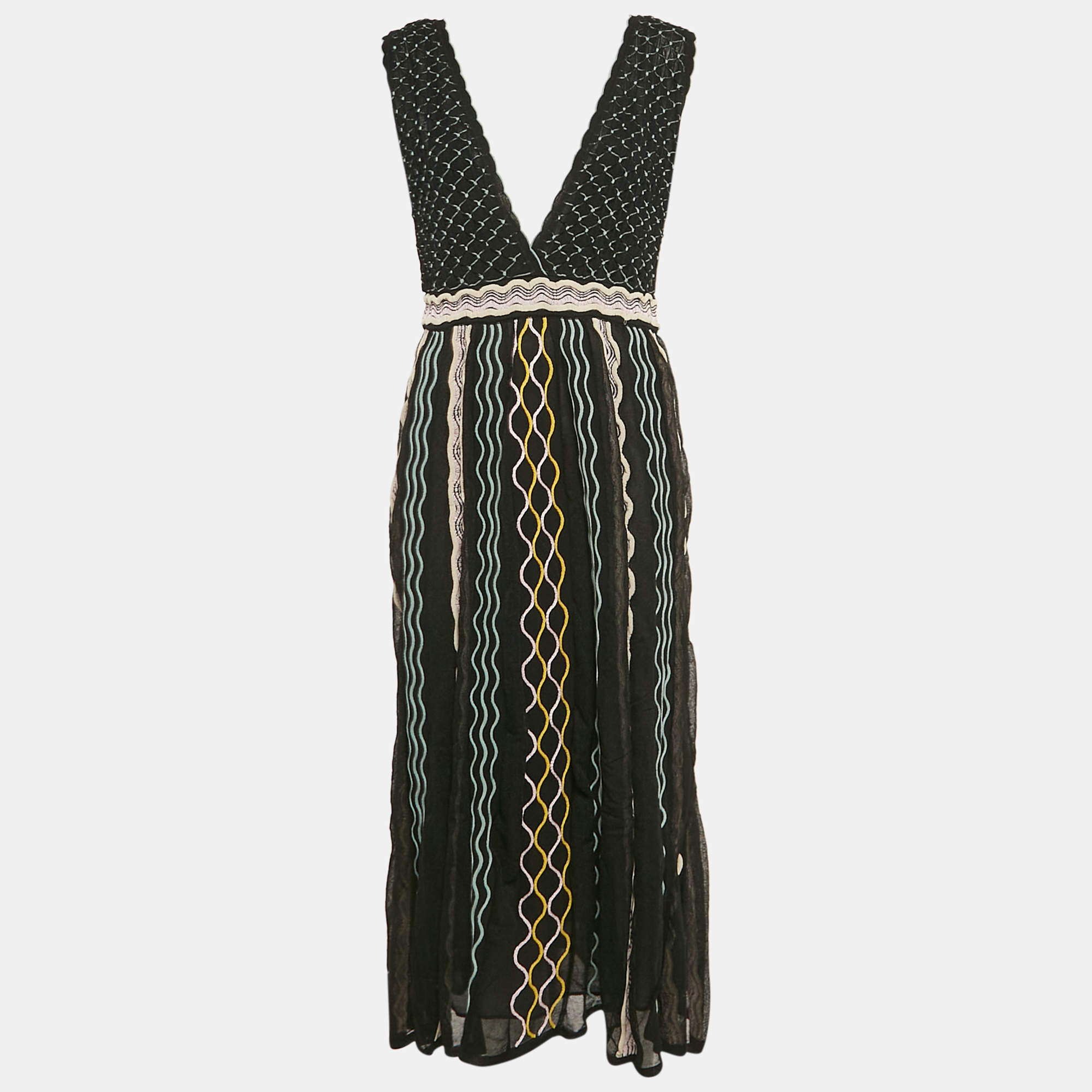 M Missoni Black/Blue Patterned Knit Plunge Neck Midi Dress L