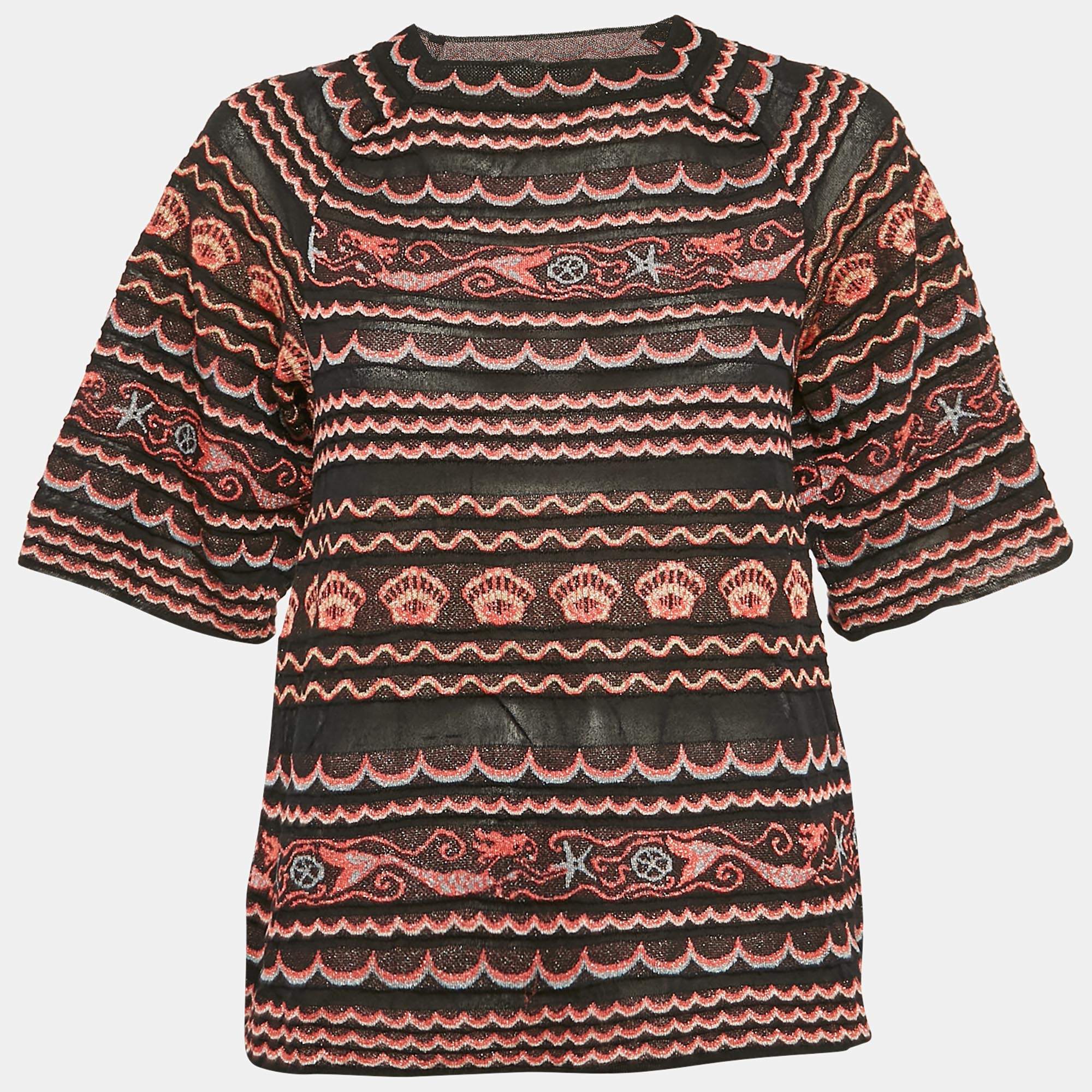 M Missoni Black/Pink Wave Patterned Lurex Knit Top S