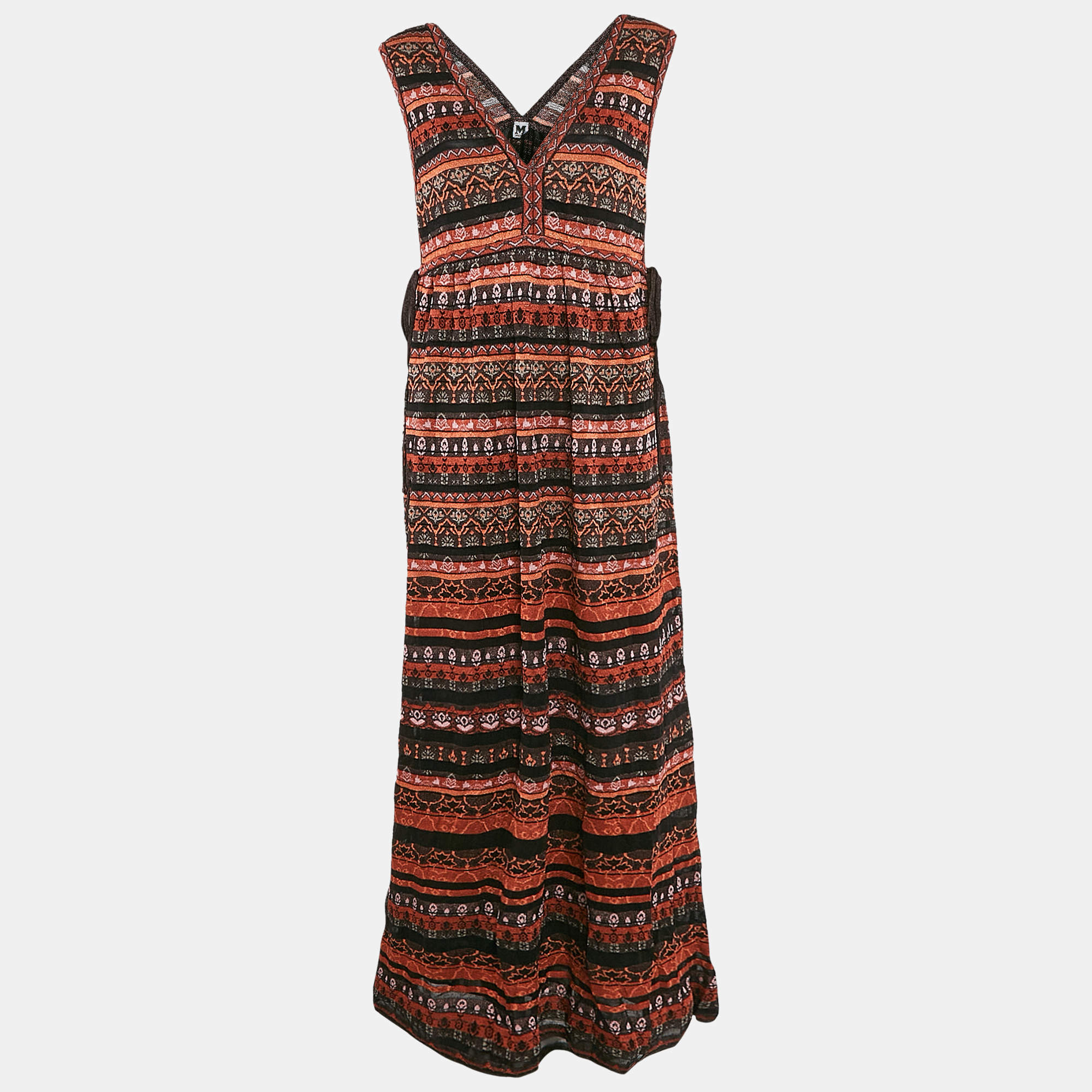M Missoni Brown/Black Stripe Pattern Lurex Knit Sleeveless Maxi Dress L