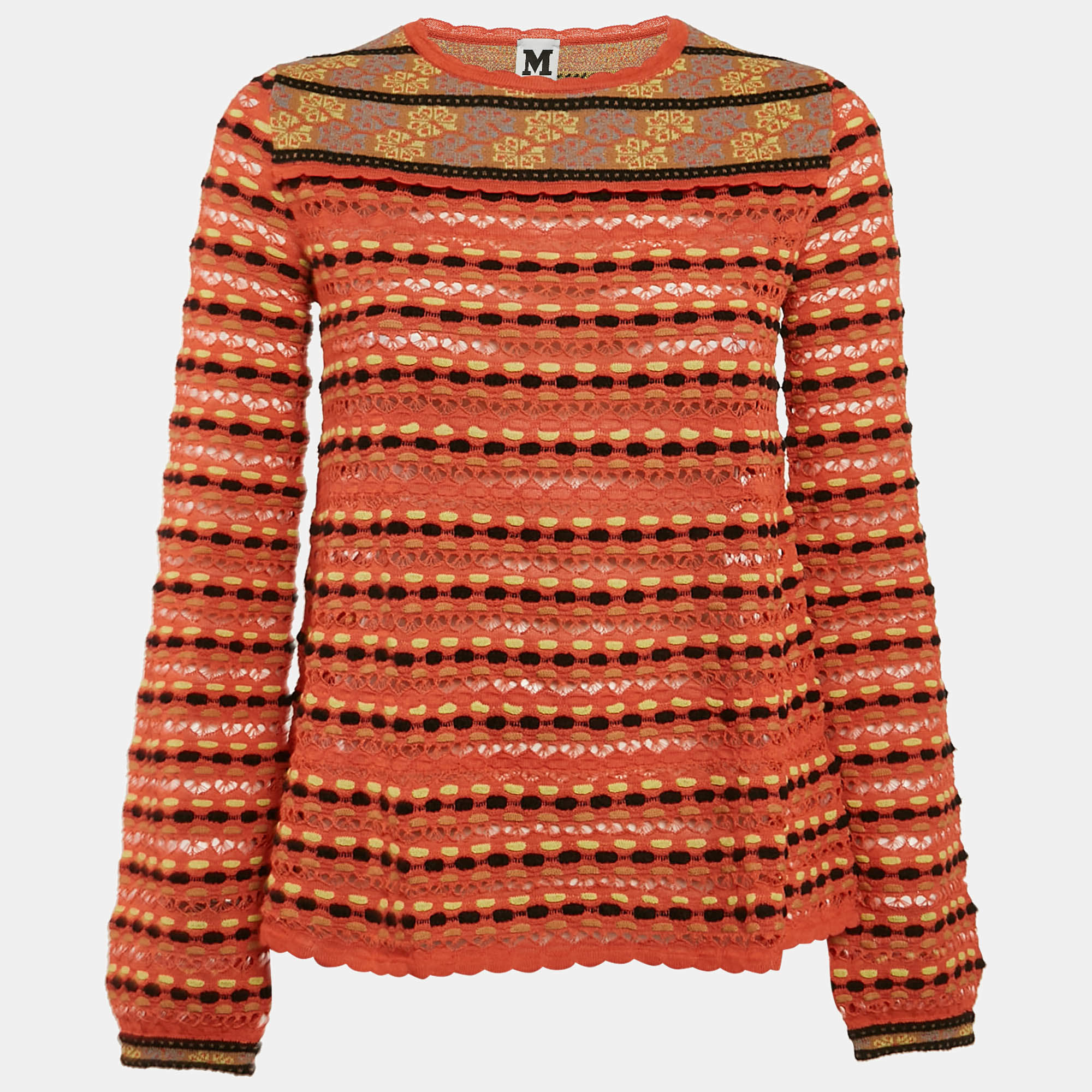 Pre Owned M Missoni Orange Floral Perforated Knit Top S