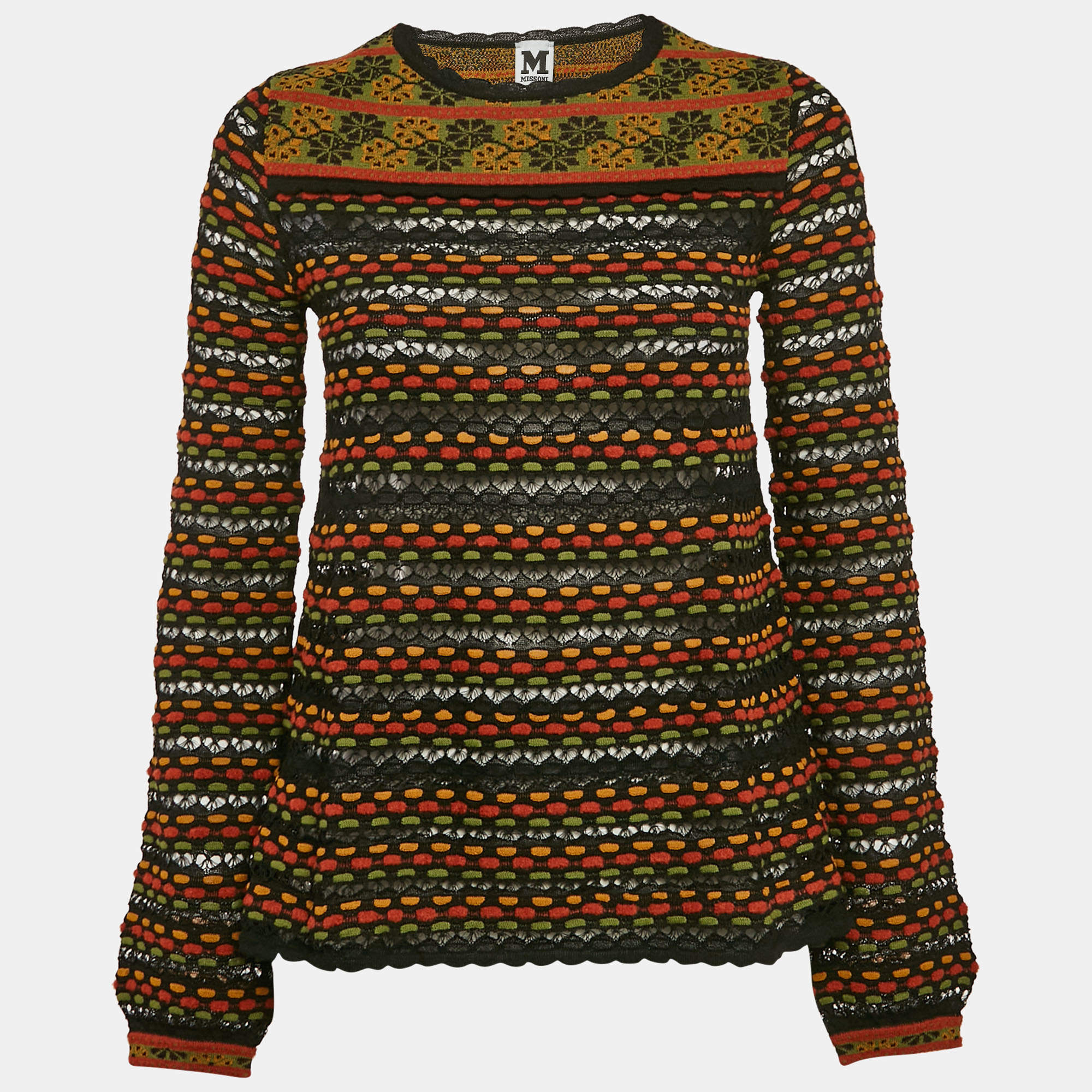 Pre Owned M Missoni Black/Orange Pointelle Knit Long Sleeve Knit Top S