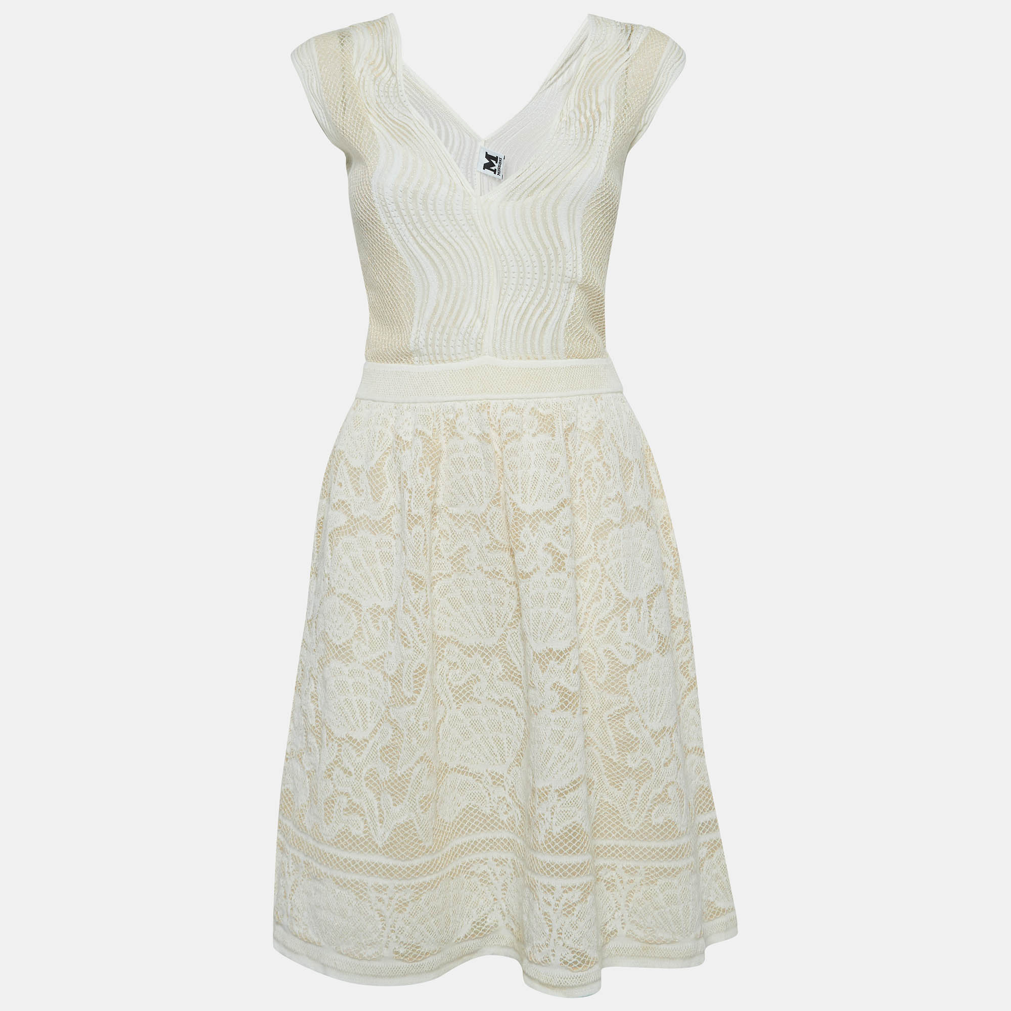 Pre Owned M Missoni White Patterned Lurex Knit Sleeveless Short Dress M