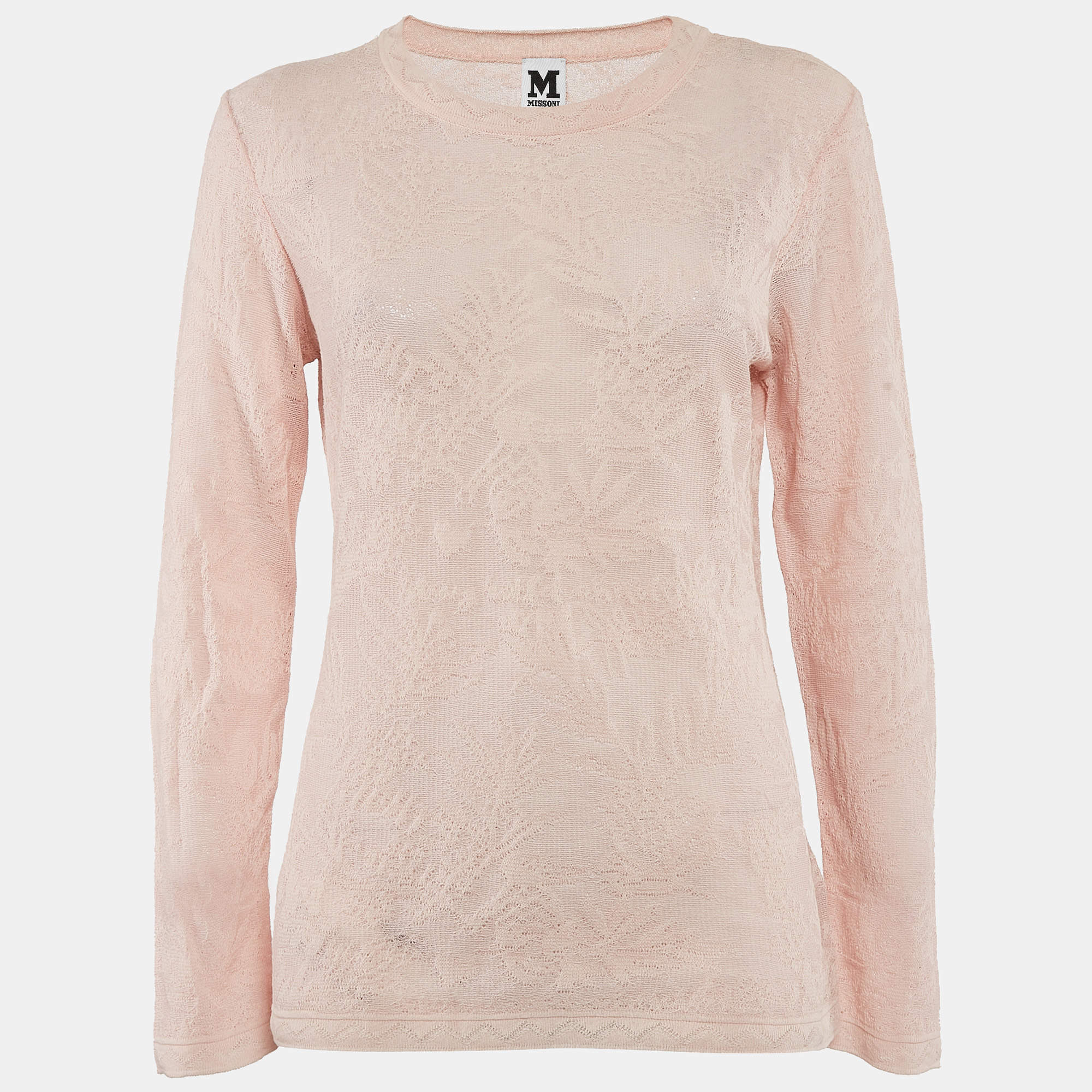 Pre Owned M Missoni Pink Patterned Knit Round Neck Sweater Top L