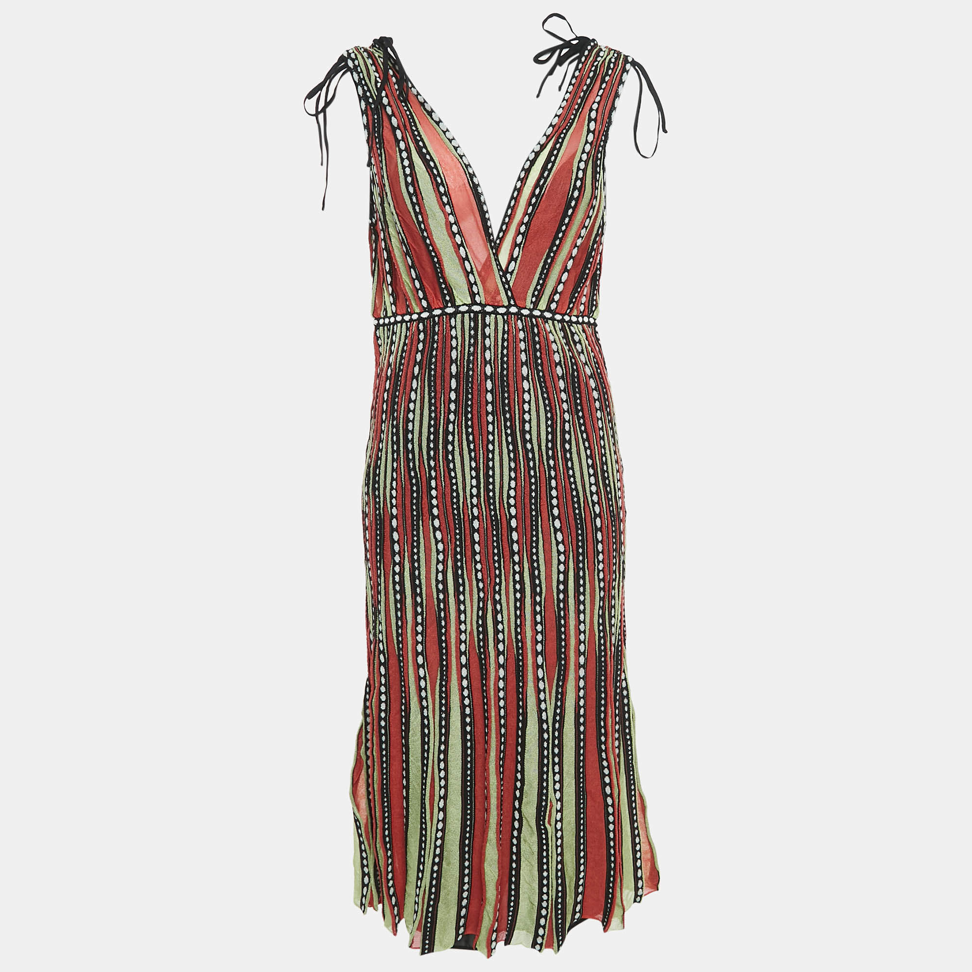 Pre Owned M Missoni Orange/Green Alga and Bubble Pattern Knit Sleeveless Midi Dress L