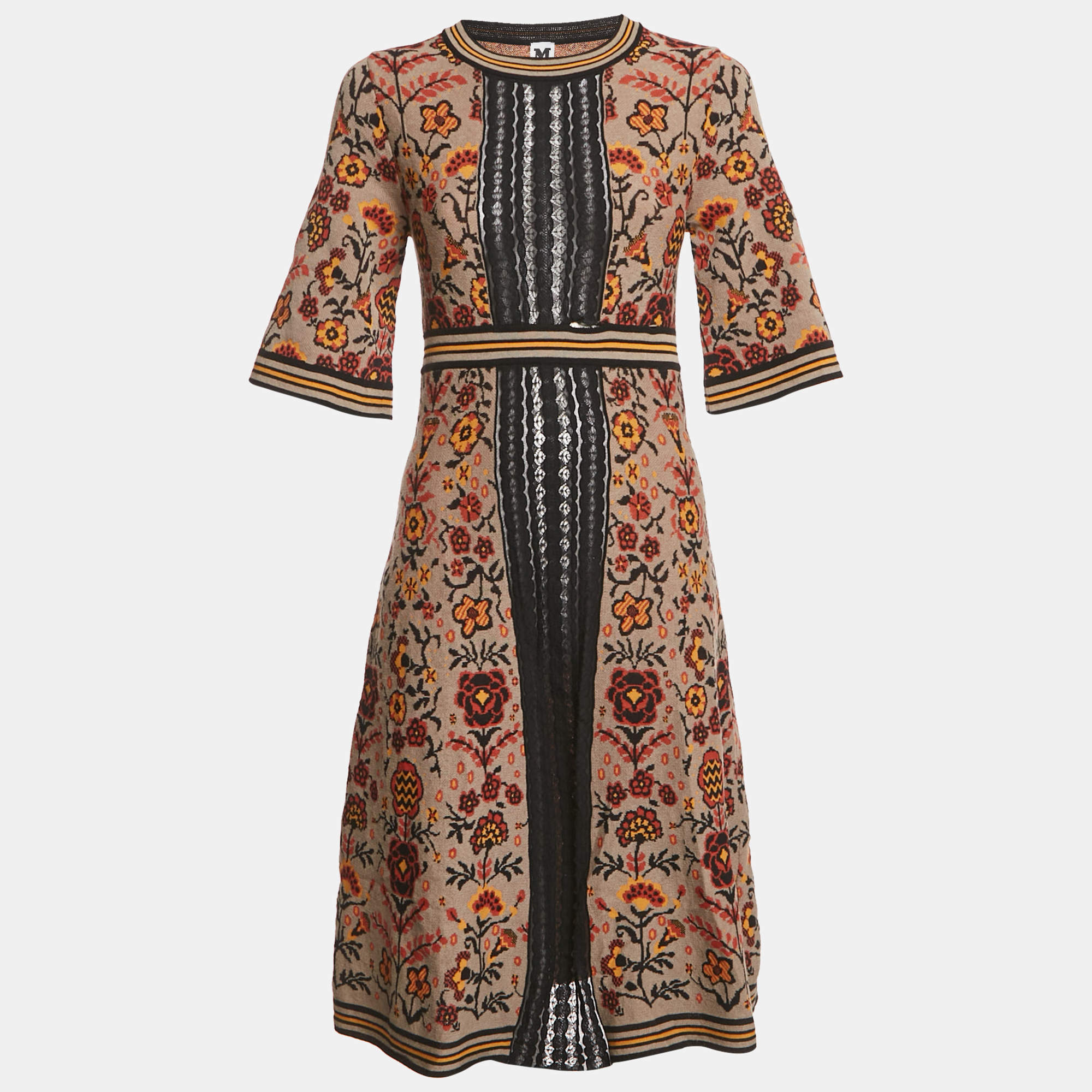 Pre Owned M Missoni Brown Floral Pattern Knit Lace Trim Midi Dress S