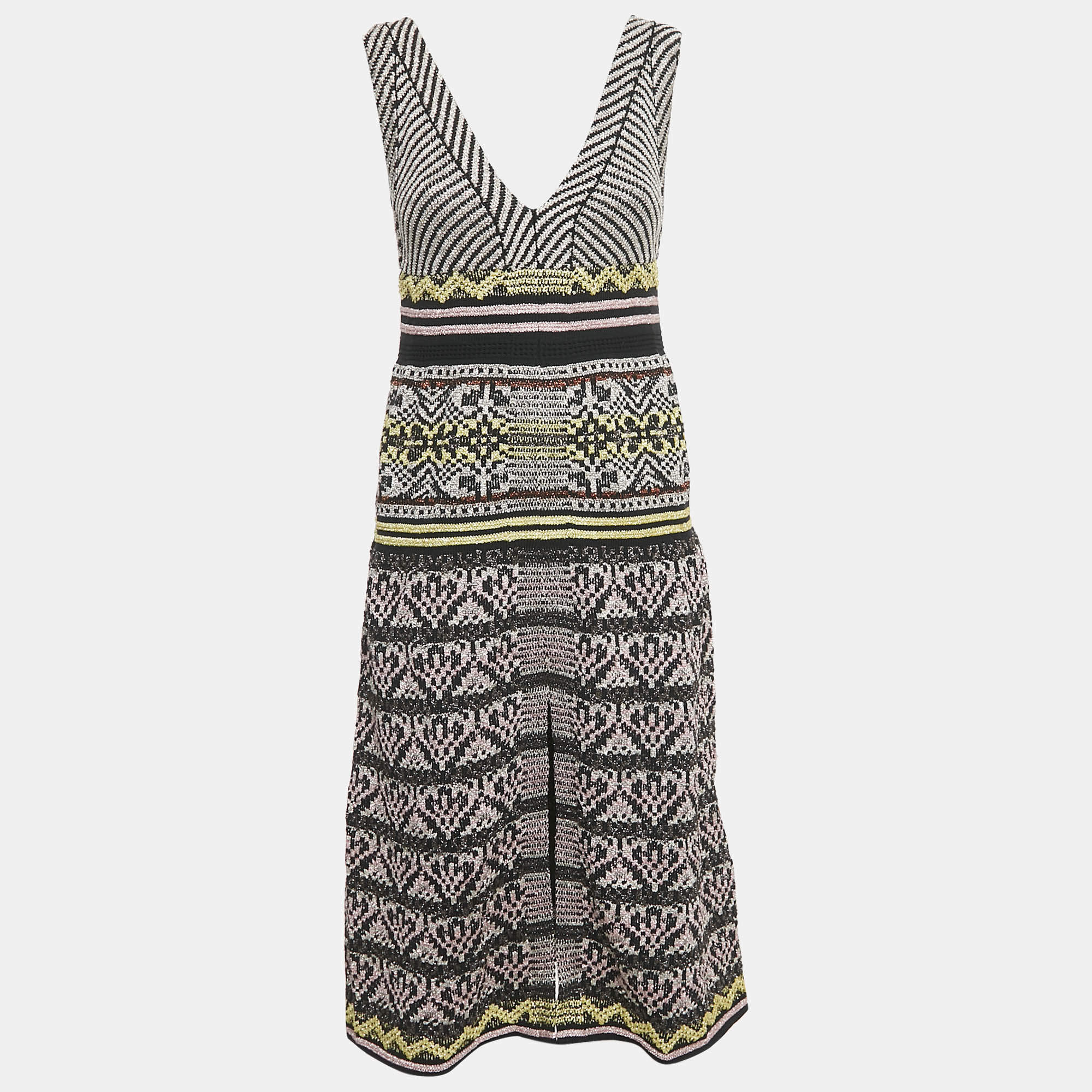 M Missoni Black/Pink Patterned Knit V-Neck Midi Dress S
