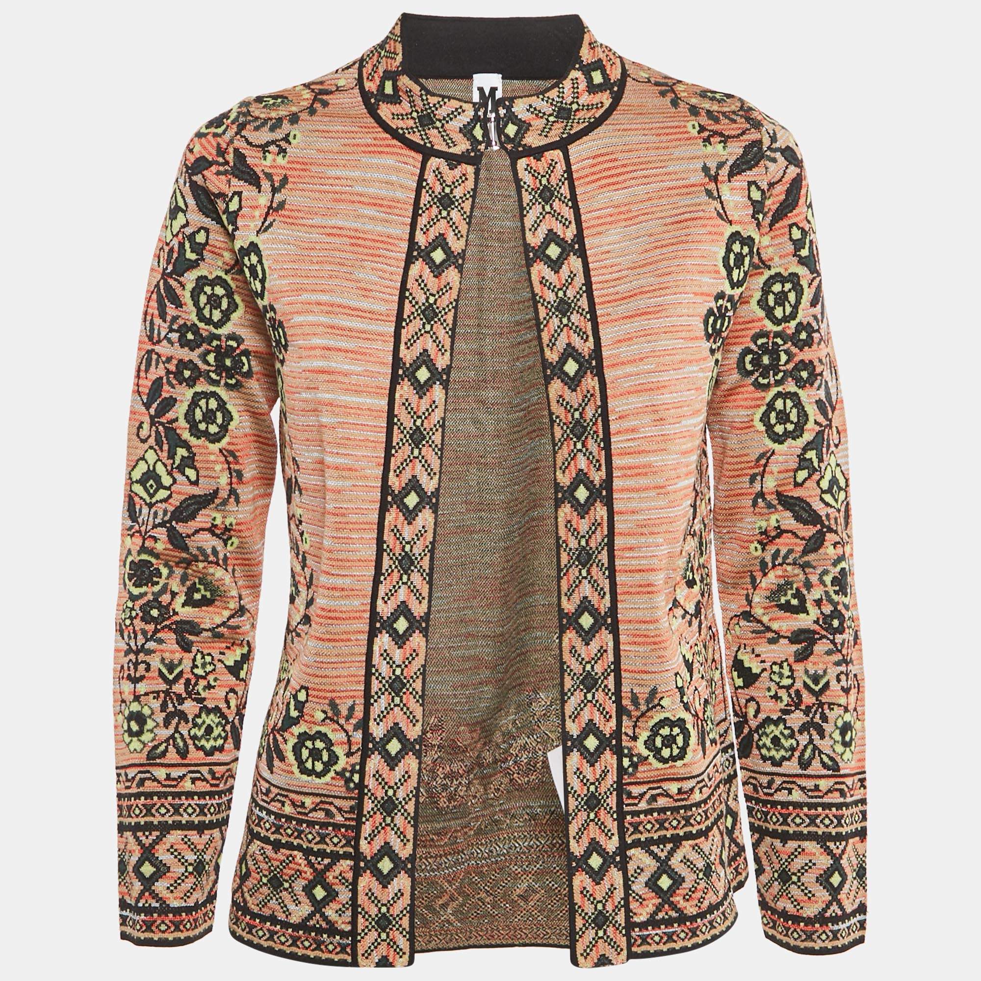 Pre Owned M Missoni Beige/Green Floral Pattern Knit Cardigan S