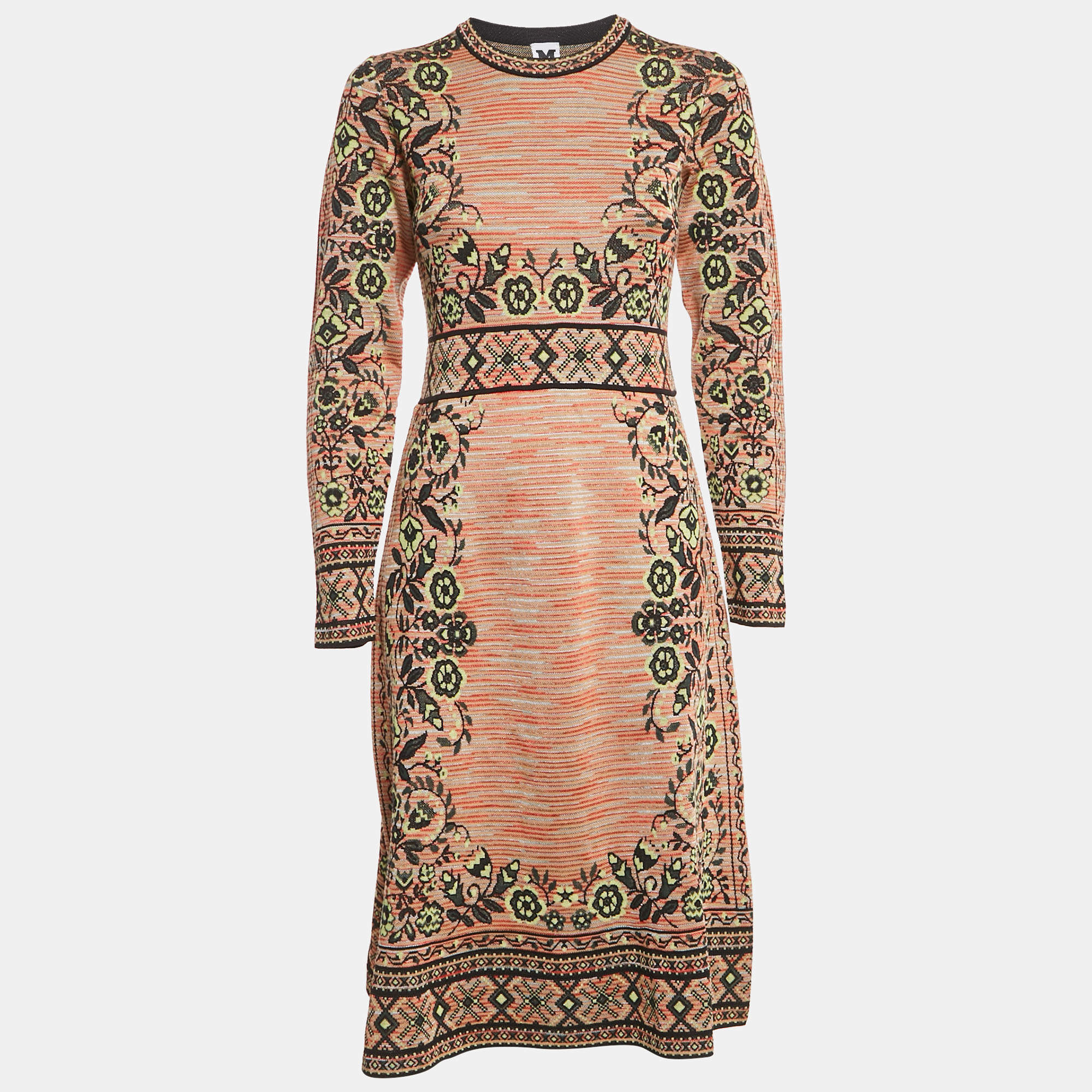 Pre Owned M Missoni Beige/Green Floral Pattern Knit Long Sleeve Midi Dress M