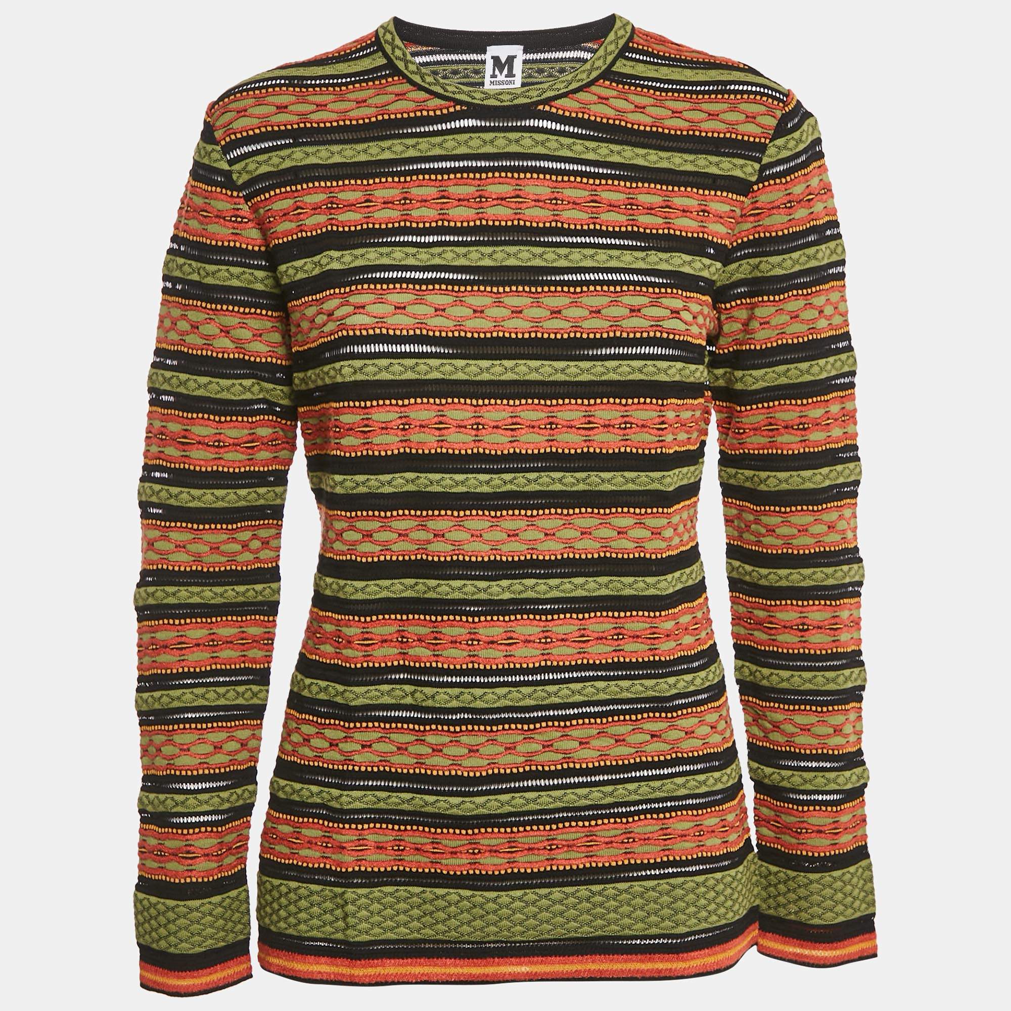 M Missoni Green/Black Patterned Knit Long Sleeve Top L