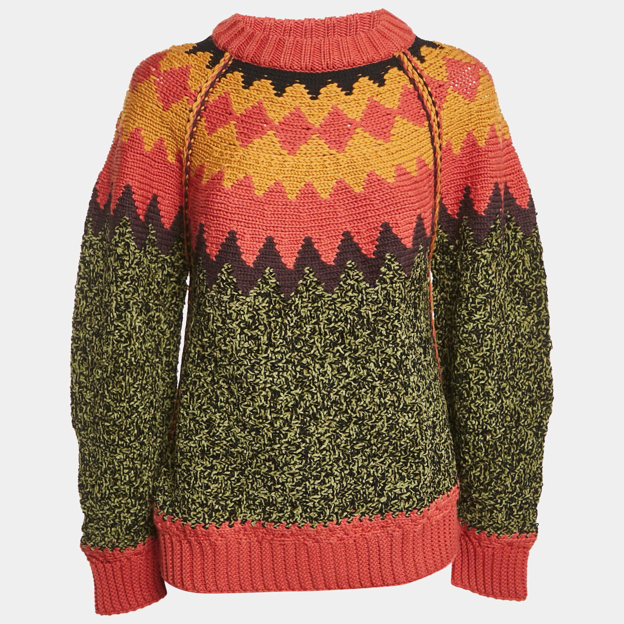M Missoni Green/Brown Intarsia Wool-Blend Crewneck Sweater L