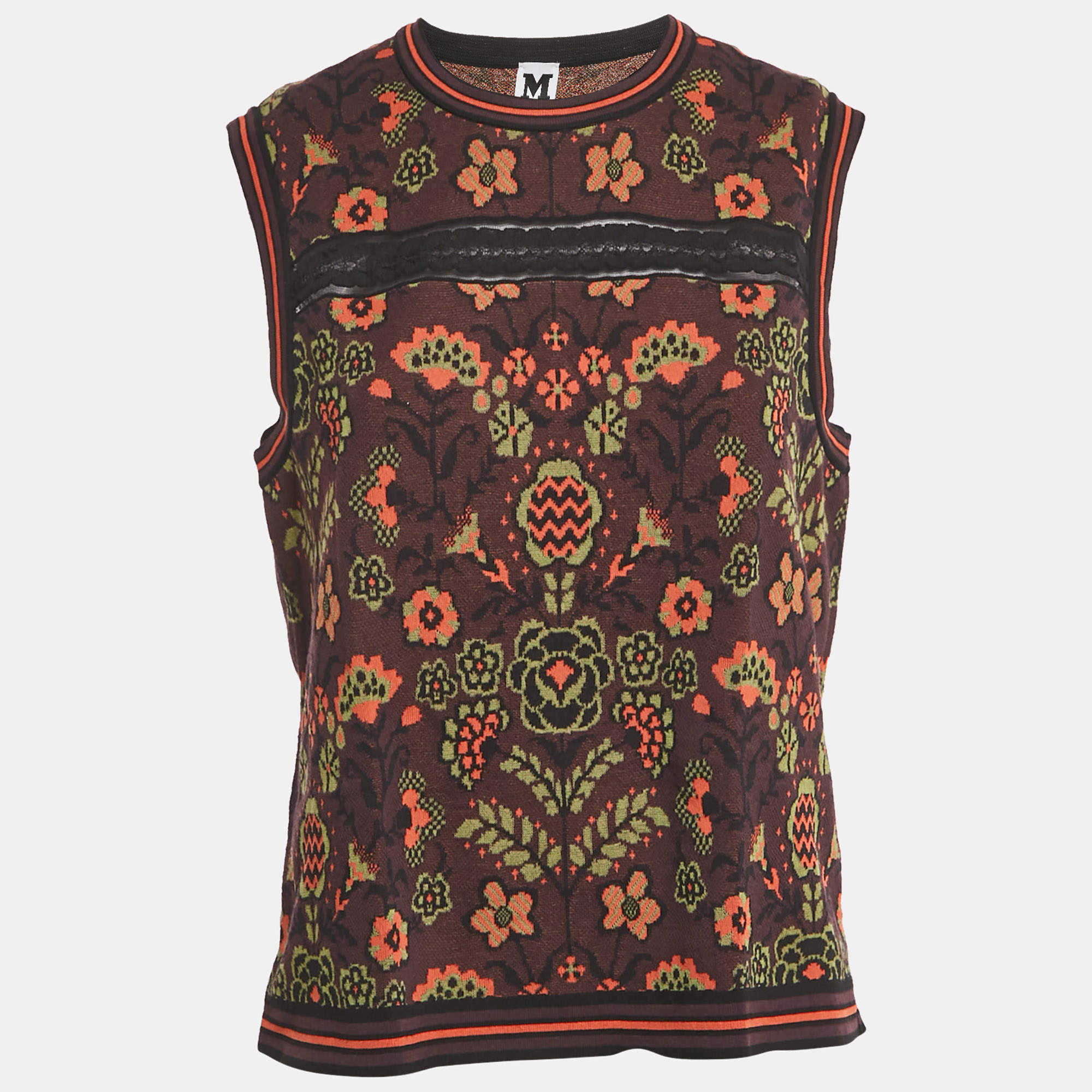 Pre Owned M Missoni Burgundy Floral Pattern Knit Sleeveless Top L
