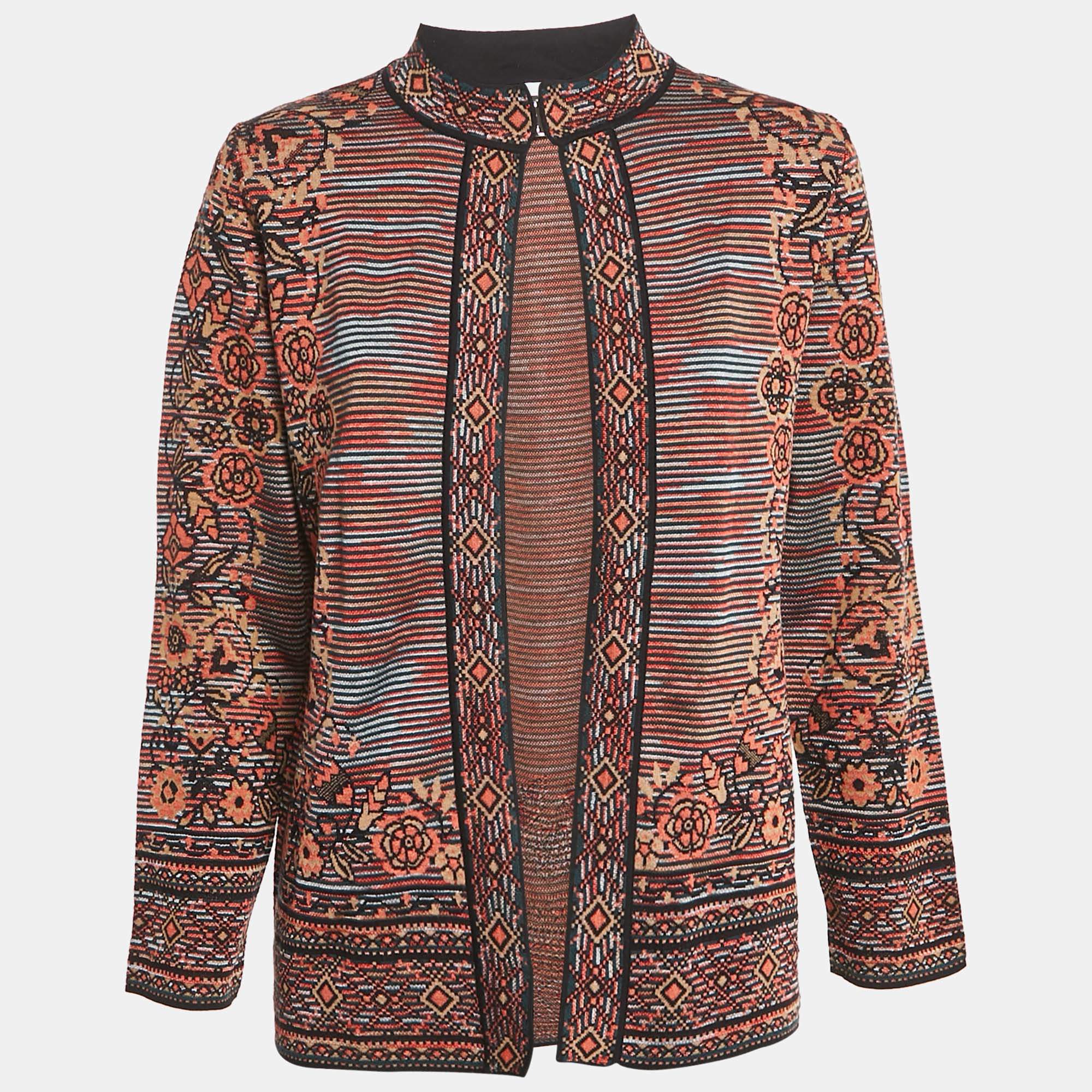 Pre Owned M Missoni Brown Floral Pattern Knit Cardigan M