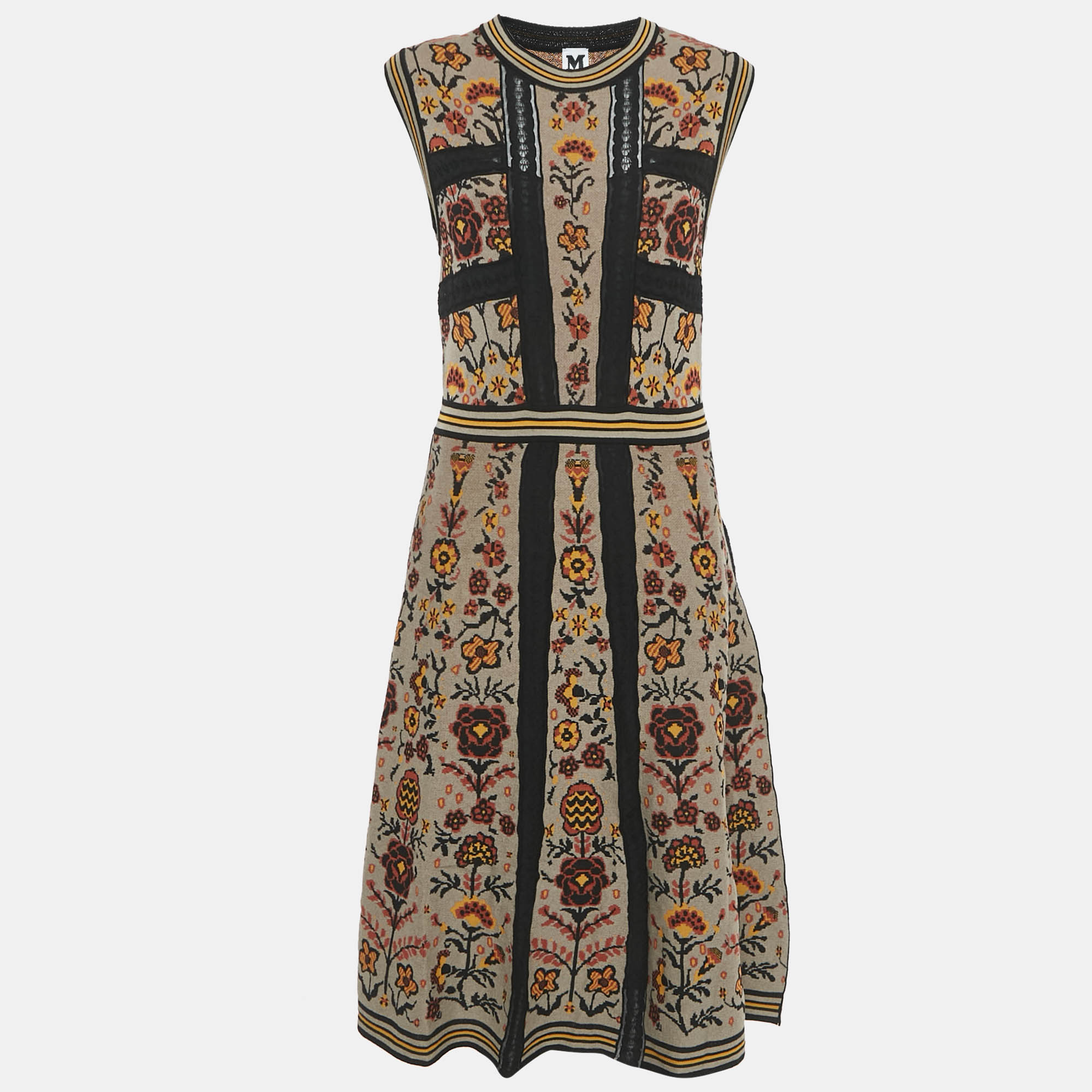 M Missoni Brown Floral Pattern Knit Flared Midi Dress L 