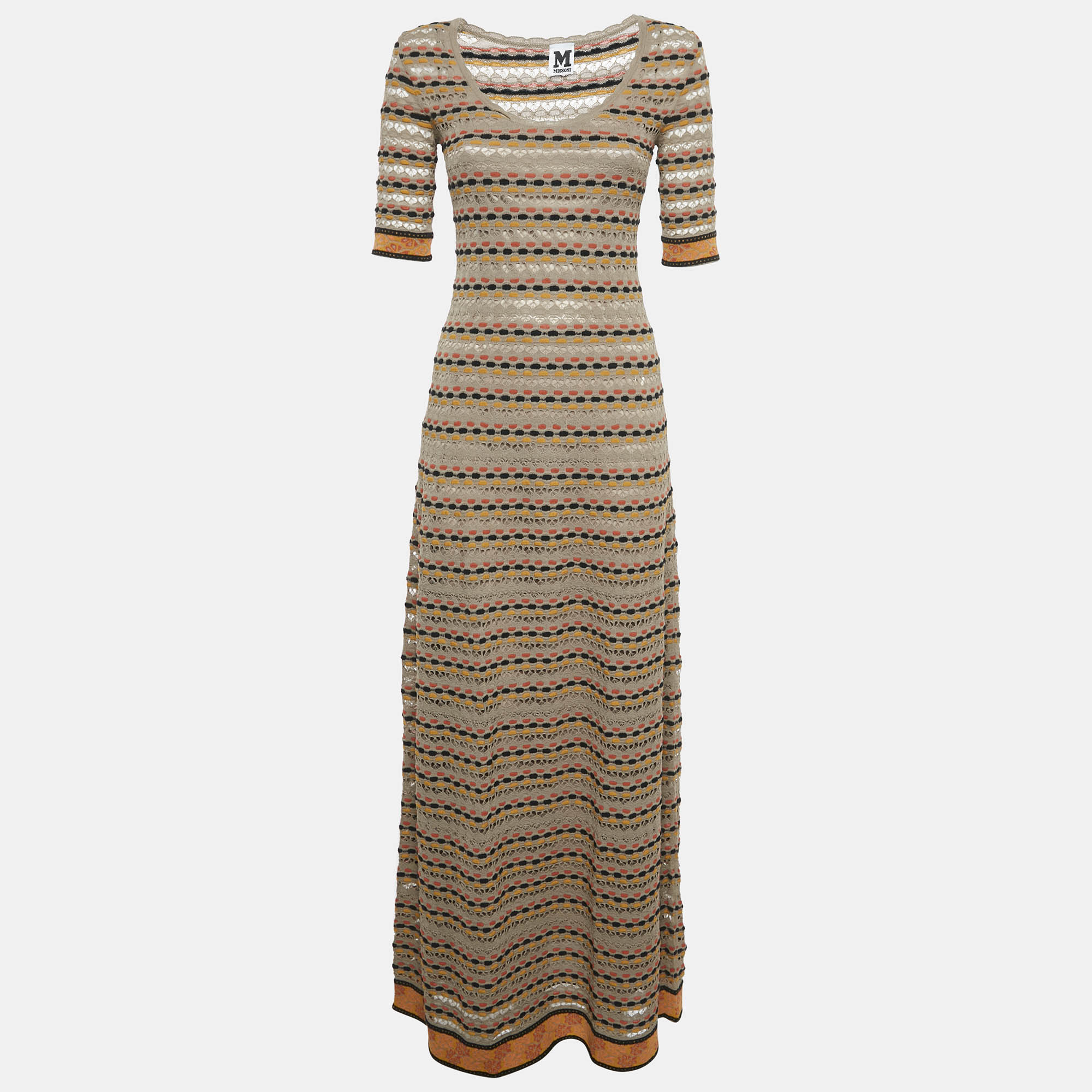Pre Owned M Missoni Beige Patterned Knit Short Sleeve Maxi Dress S