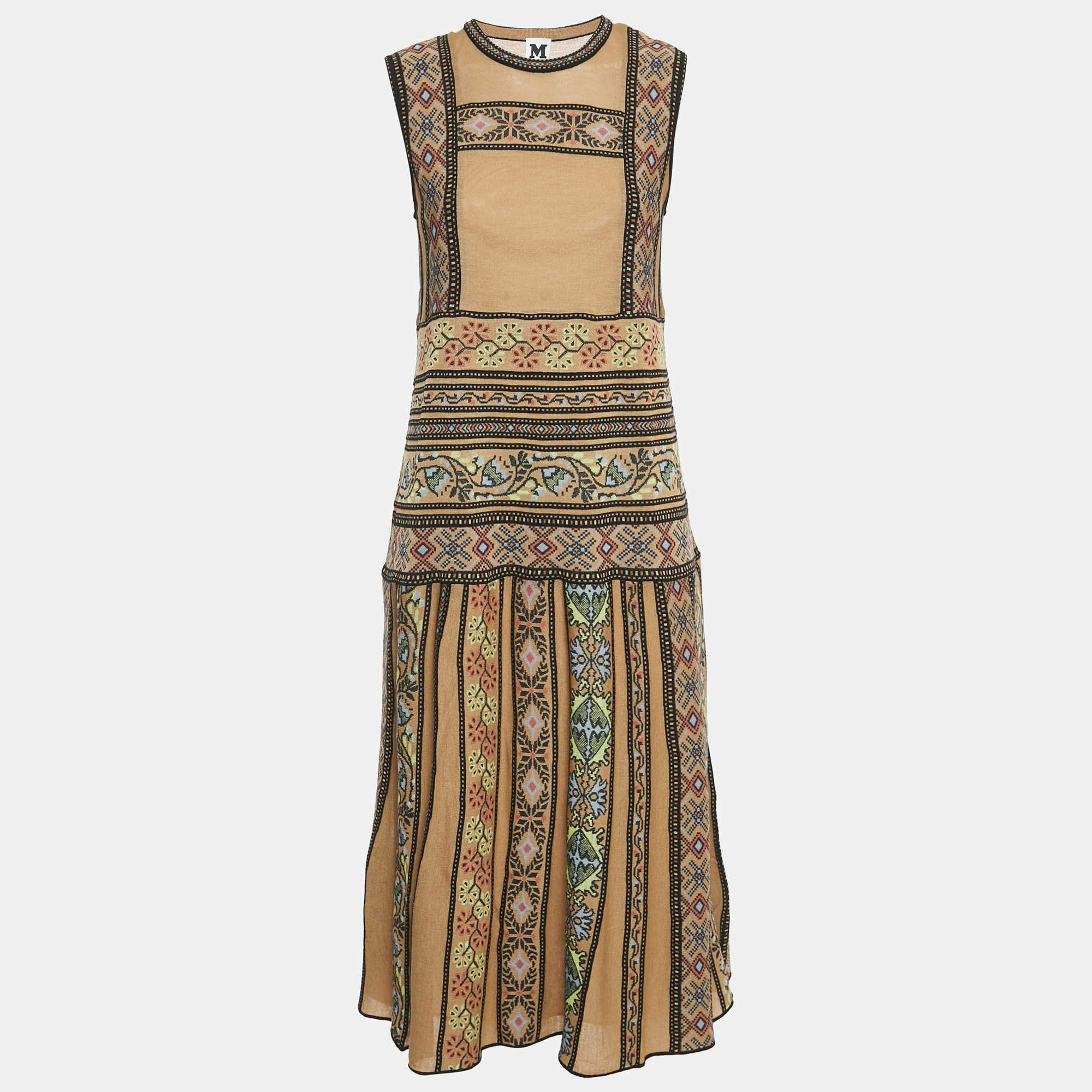 Pre Owned M Missoni Brown/Multicolor Patterned Knit Sleeveless Midi Dress L