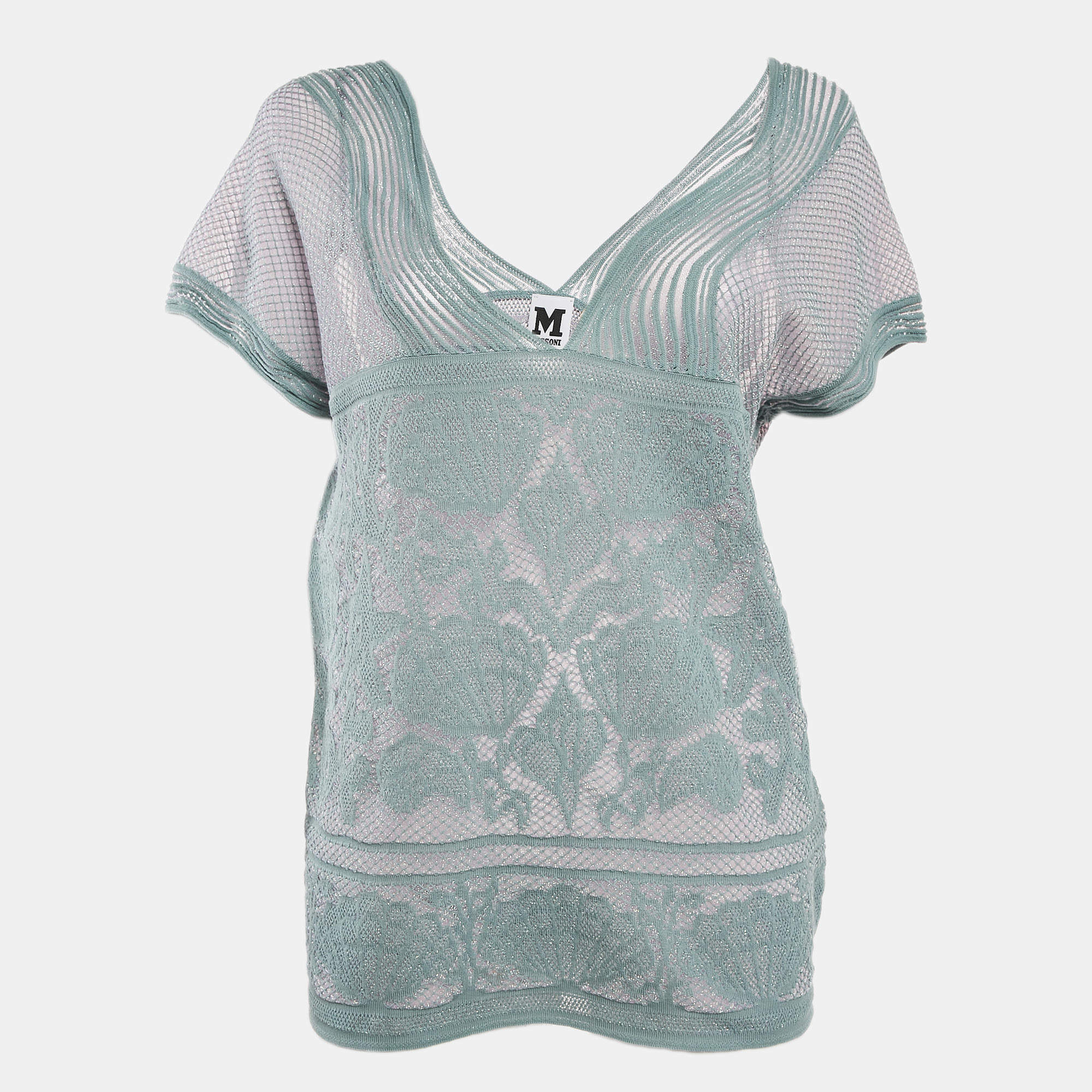 M Missoni Ice Blue Lurex Textured Knit V-Neck Top L