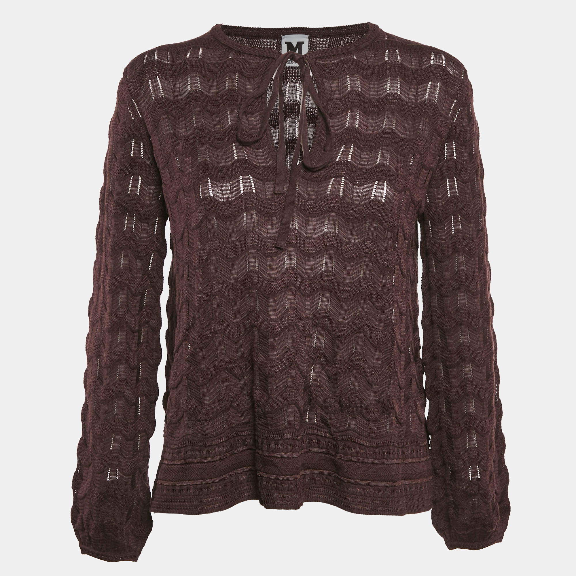 Pre Owned M Missoni Dark Purple Wavy Knit Long Sleeve Top S
