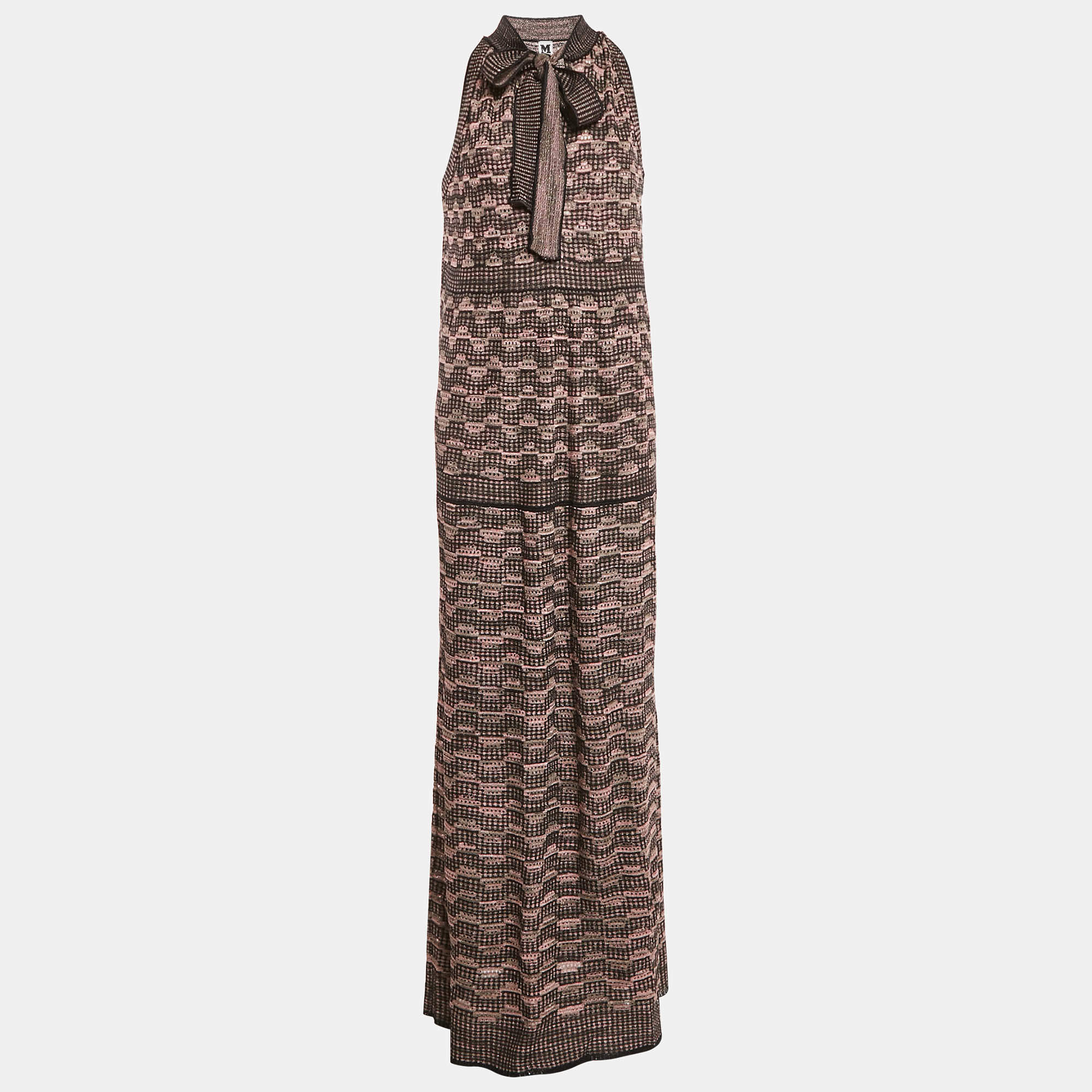 Pre Owned M Missoni Pink/Multicolor Patterned Lurex Knit Halter Neck Maxi Dress L