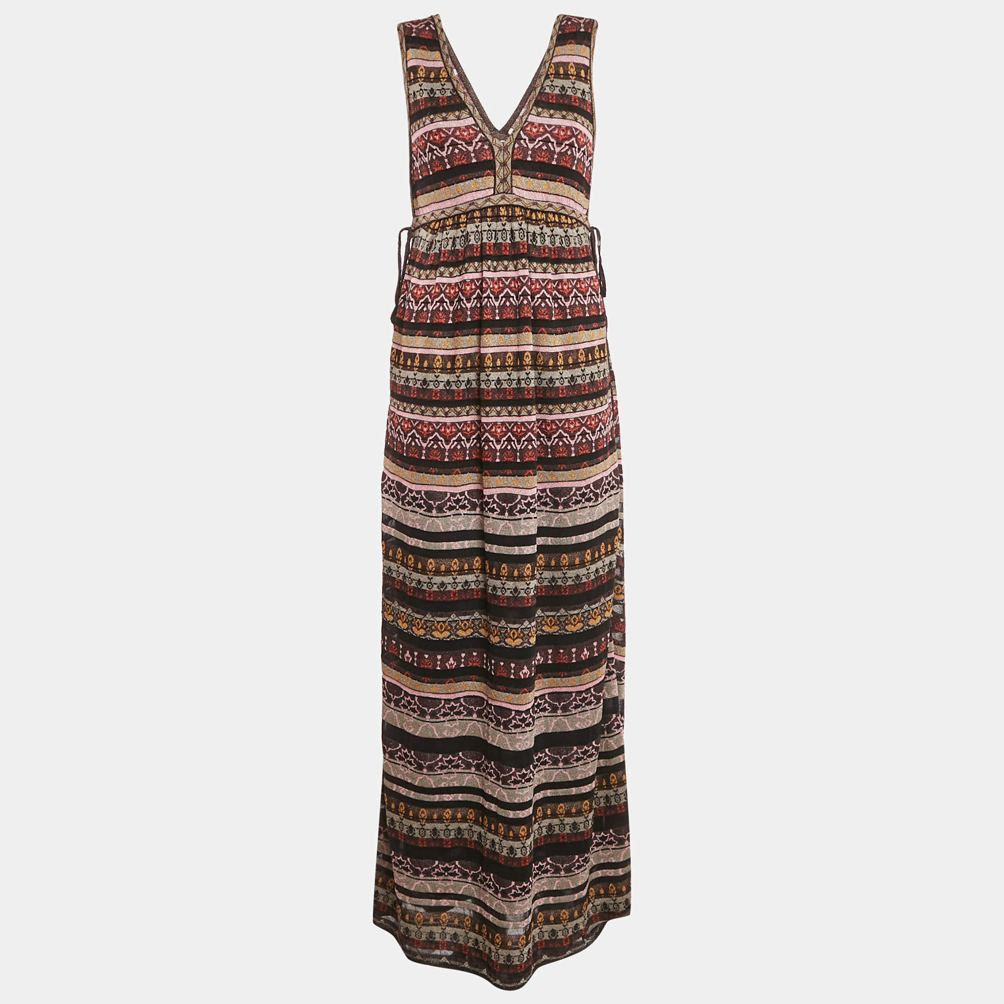 Pre Owned M Missoni Multicolor Patterned Knit Lurex Knit Sleeveless V-Neck Dress L