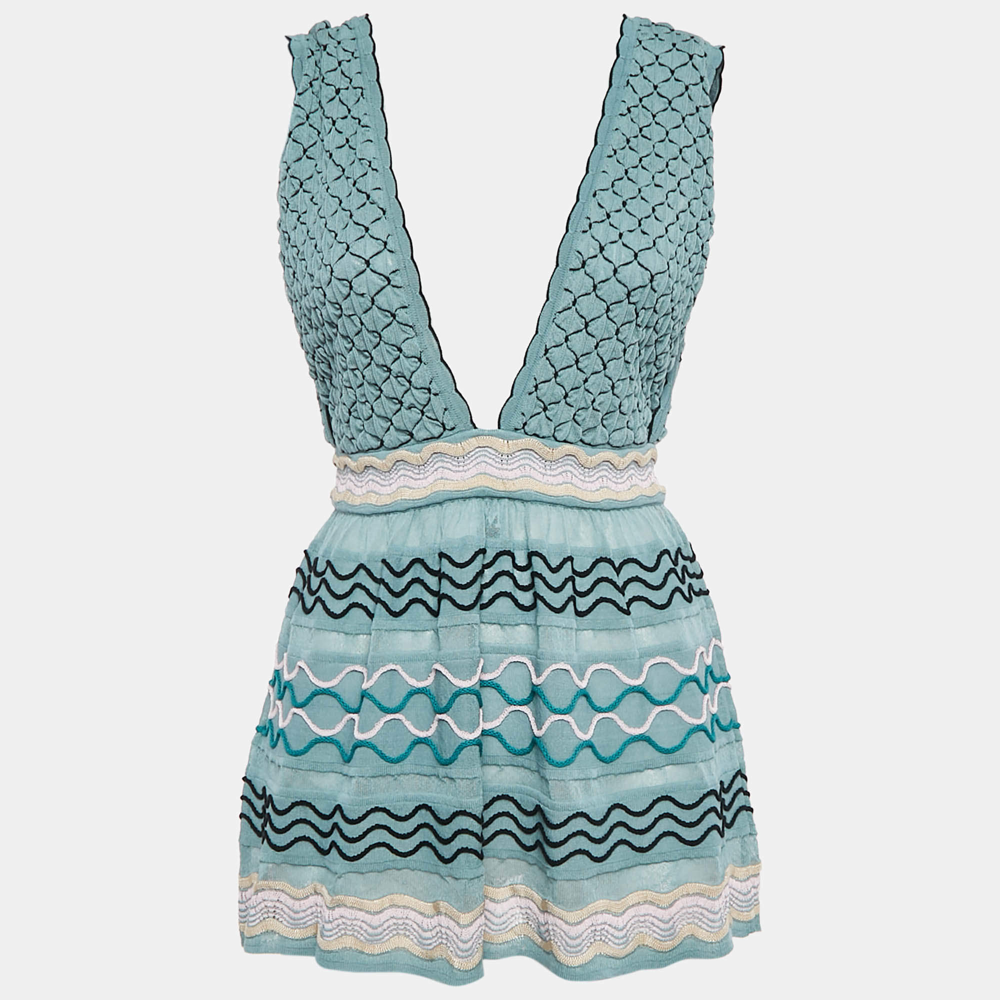 M Missoni Blue Smocked Knit V-Neck Top M