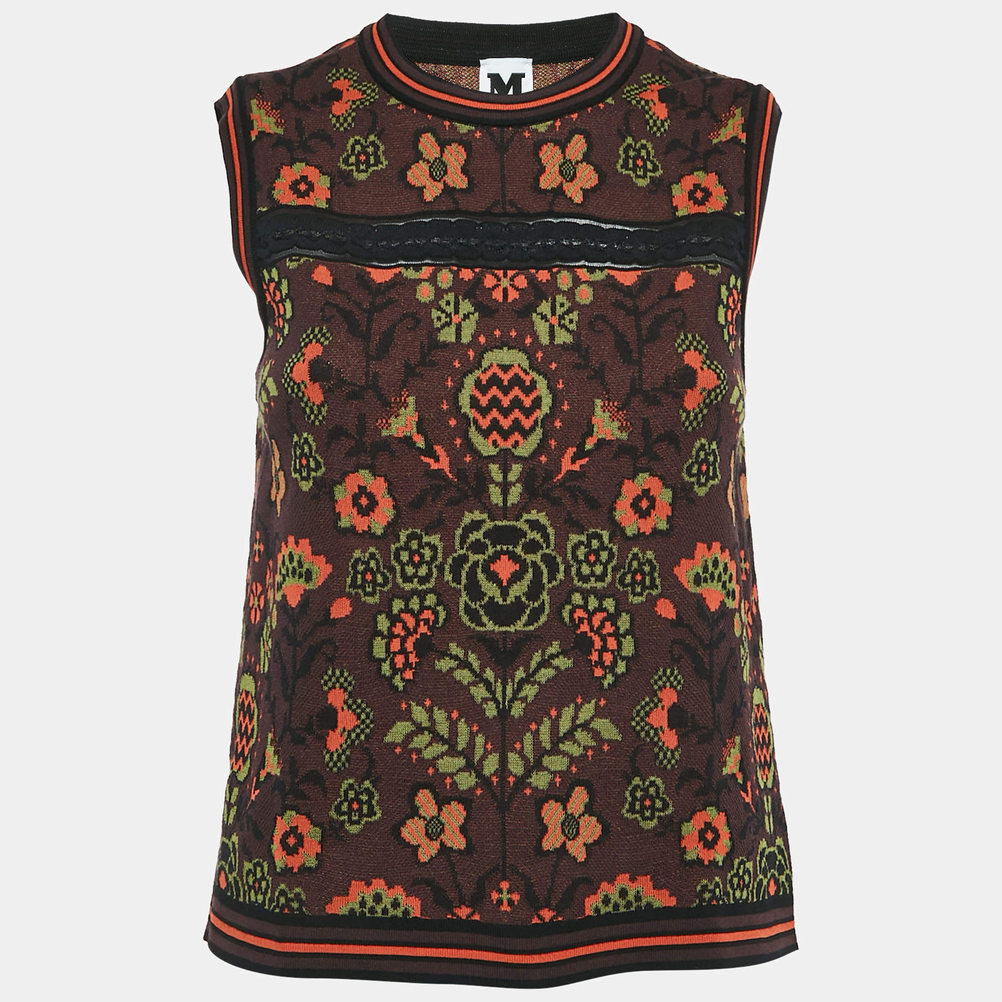 Pre Owned M Missoni Burgundy/Multicolor Patterned Cotton Knit Sleeveless Top M