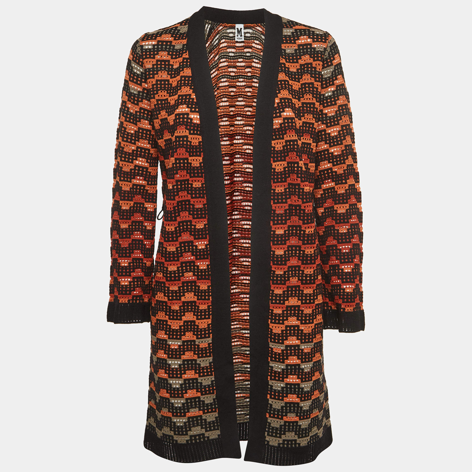 M Missoni Orange/Multicolor Patterned Knit Open Front Cardigan S