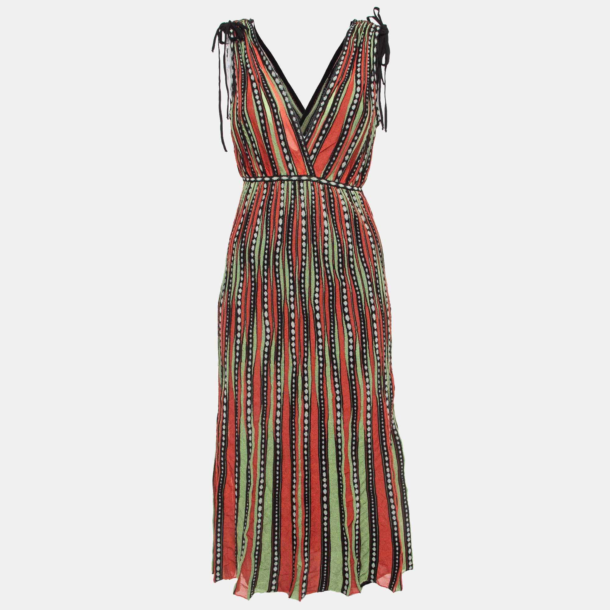 Pre Owned M Missoni Green/Orange Alga and Bubble Pattern Knit Sleeveless Midi Dress S