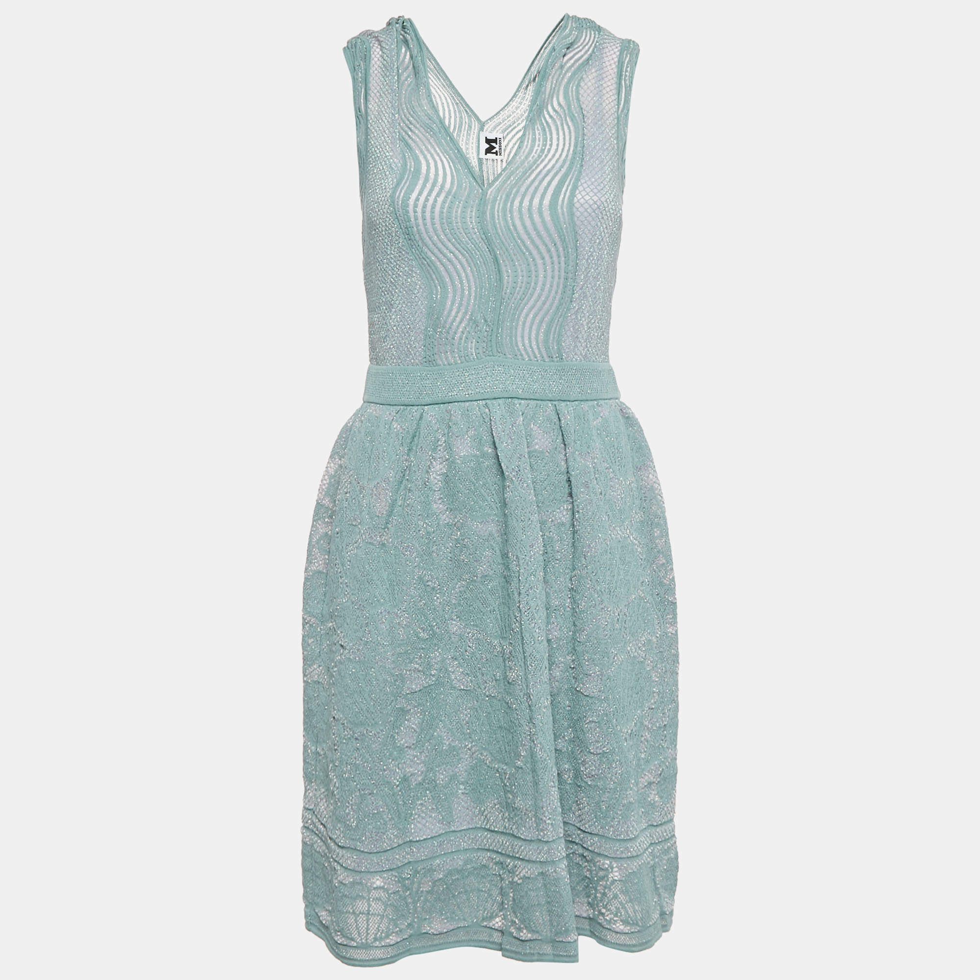 M Missoni Blue Shell Pattern Lurex Knit Flared Midi Dress M