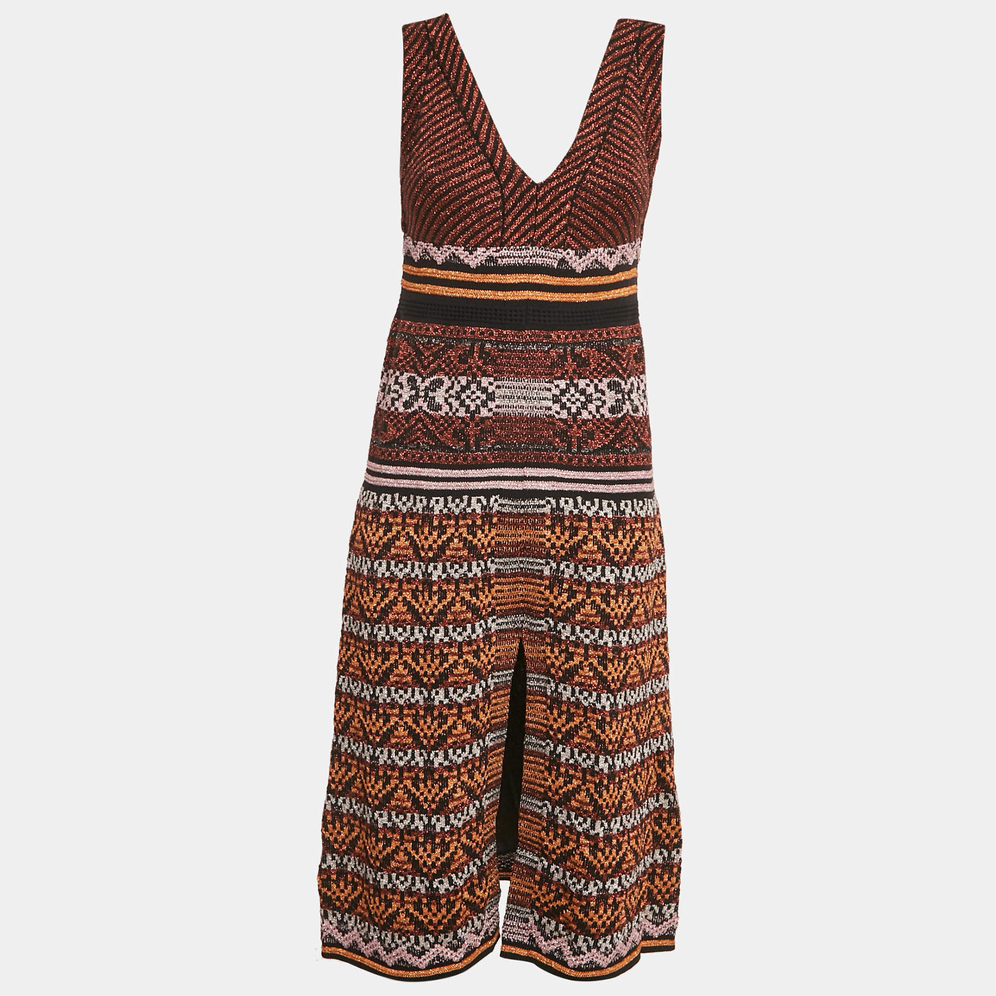 Pre Owned M Missoni  Metallic Patterned Lurex Knit V-Neck Sleeveless Midi Dress S