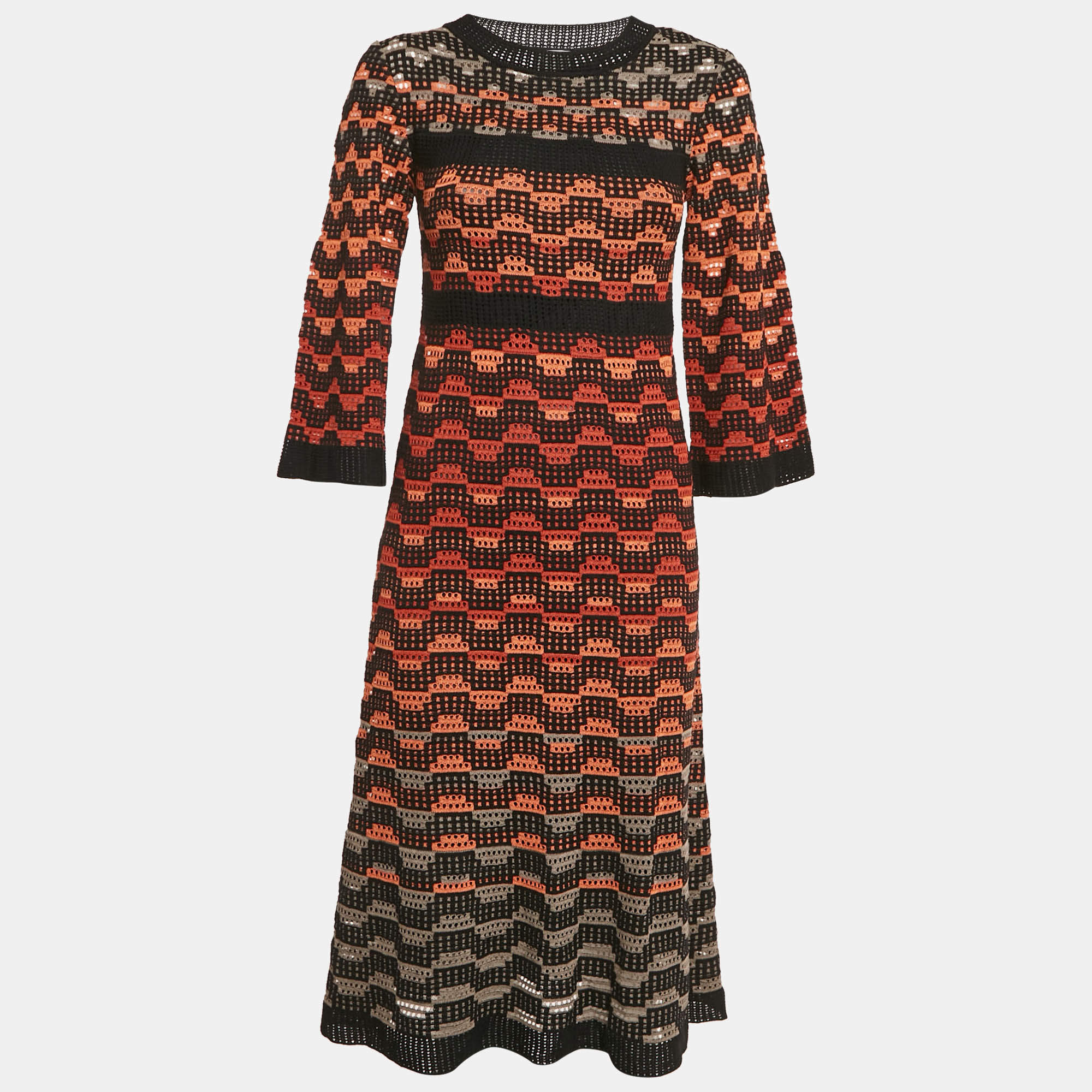 مملوكة مسبقًا M Missoni Orange/Multicolor Patterned Knit Long Sleeve Midi Dress S