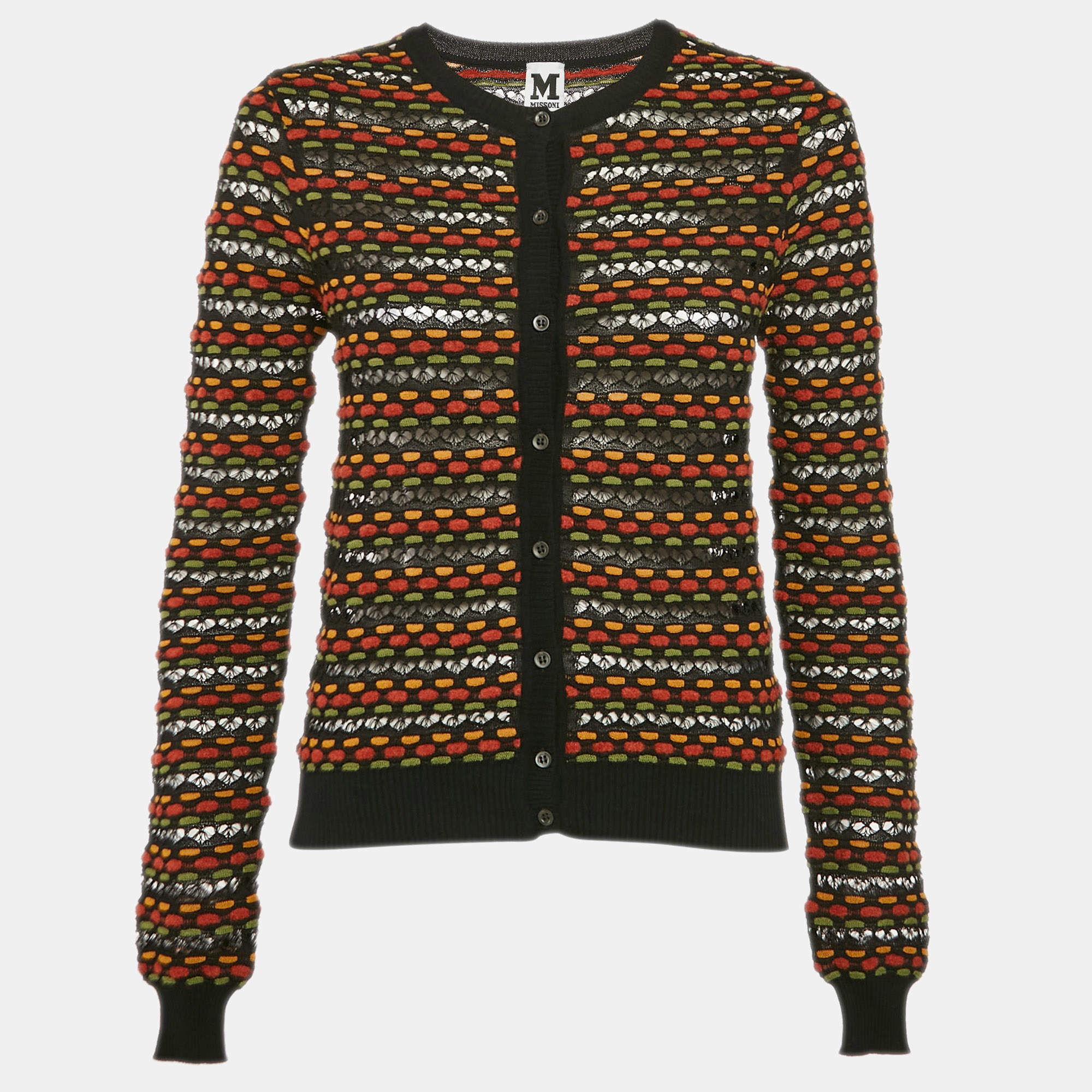 Pre Owned M Missoni Black/Orange Pointelle Knit Button Front Cardigan L