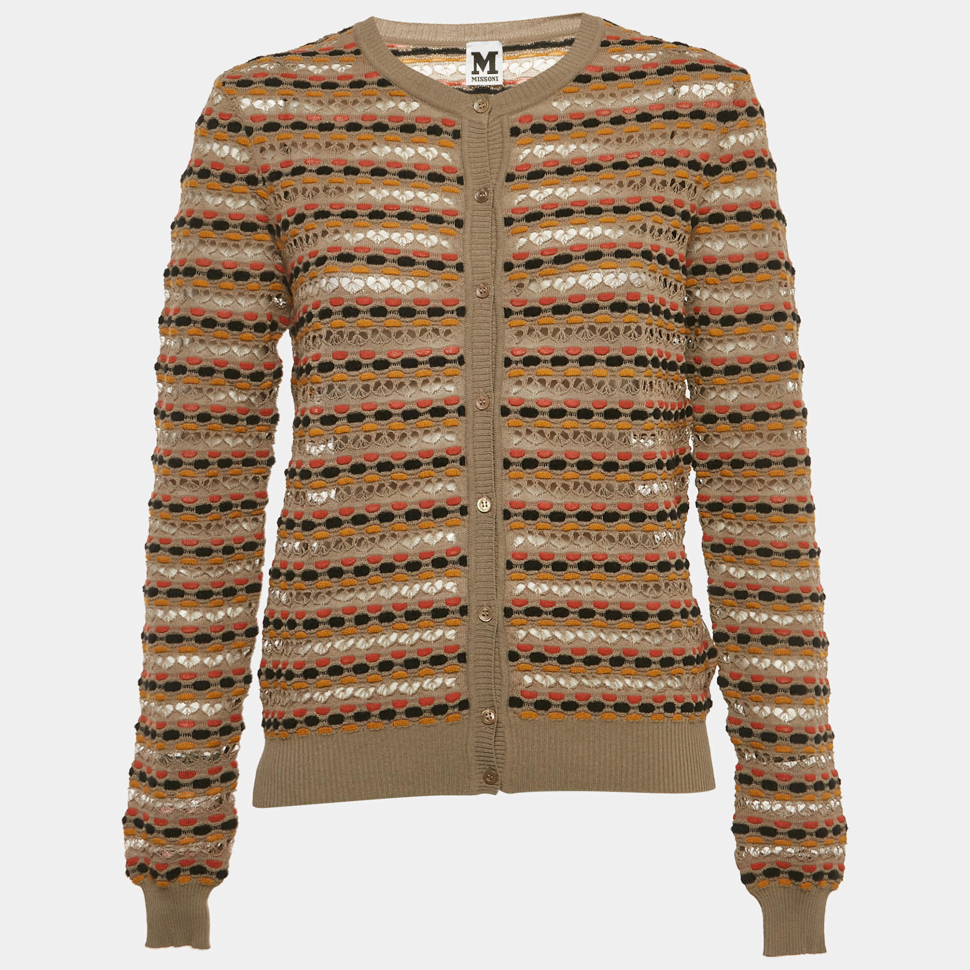 Pre Owned M Missoni Beige Pointelle Knit Button Front Cardigan S