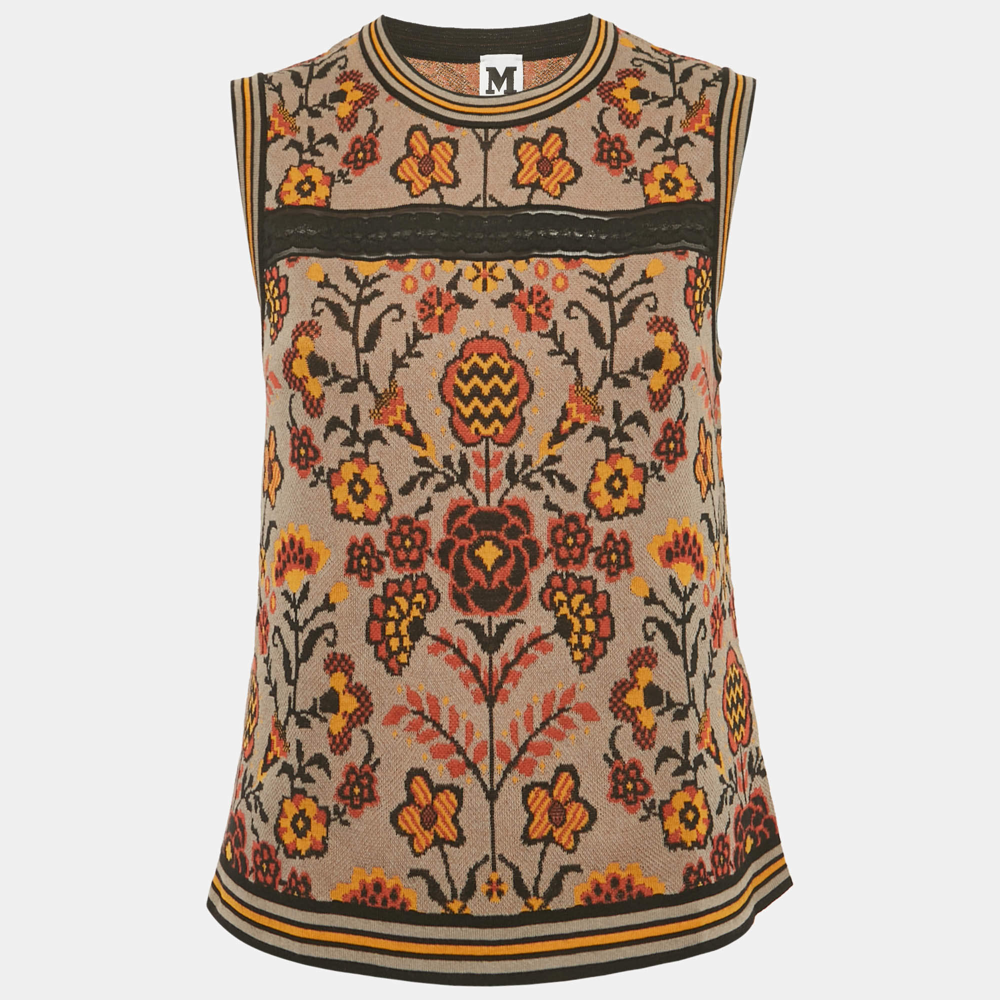 Pre Owned M Missoni Brown Floral Pattern Knit Sleeveless Top L