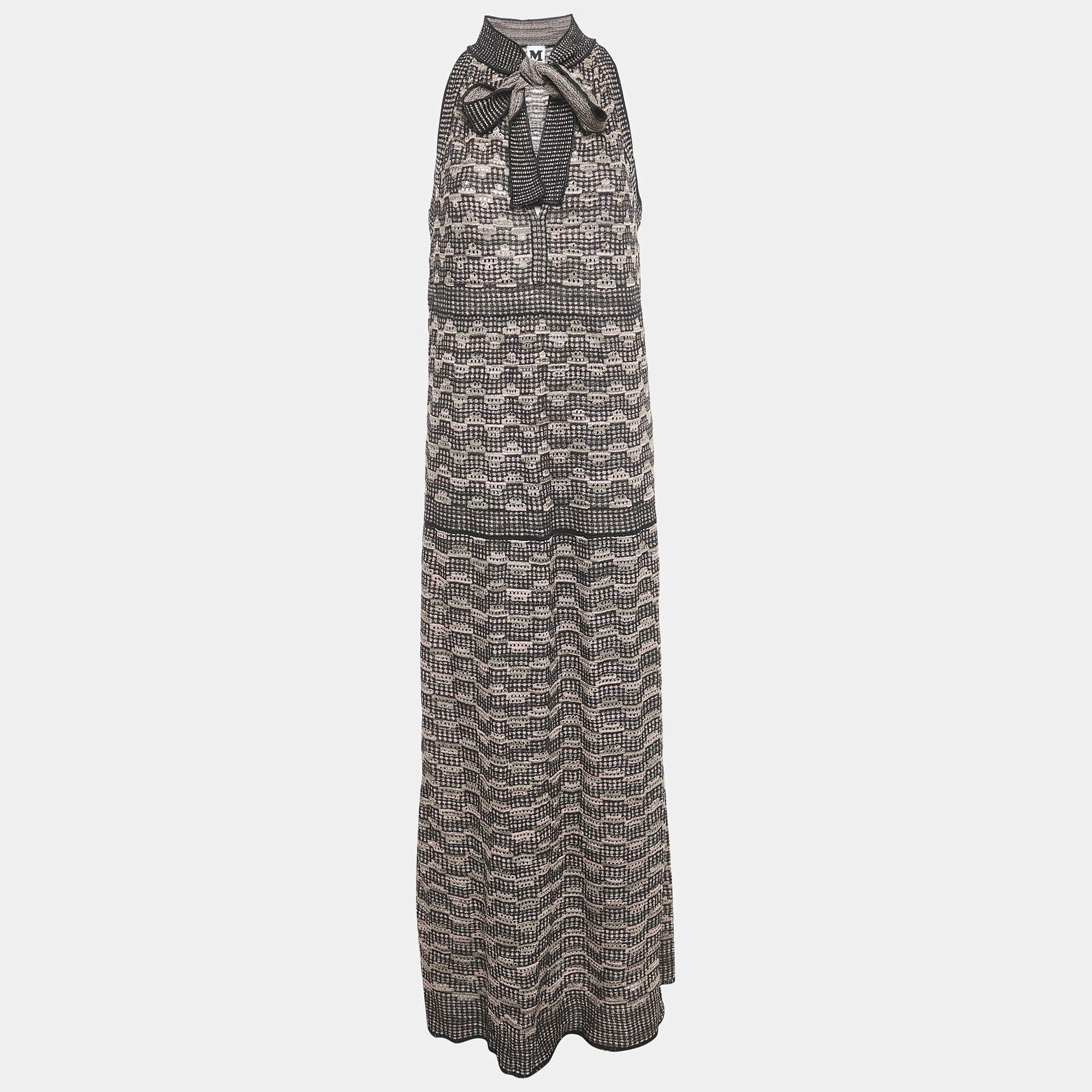 مملوكة مسبقًا M Missoni Black /Pink Patterned Lurex Knit Neck Tie Detail Maxi Dress M