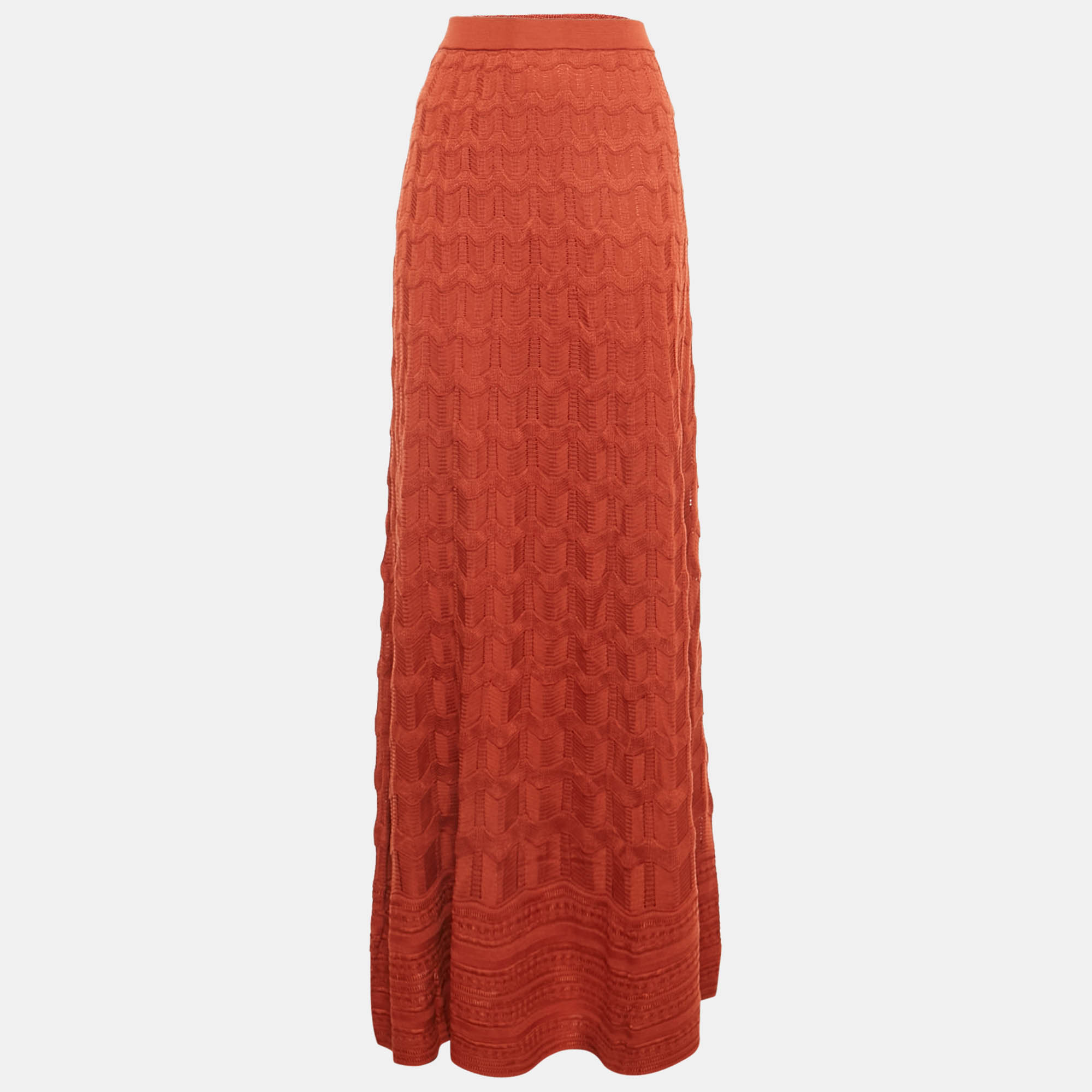 Pre Owned M Missoni Burnt Orange Patterned Knit Maxi Skirt L