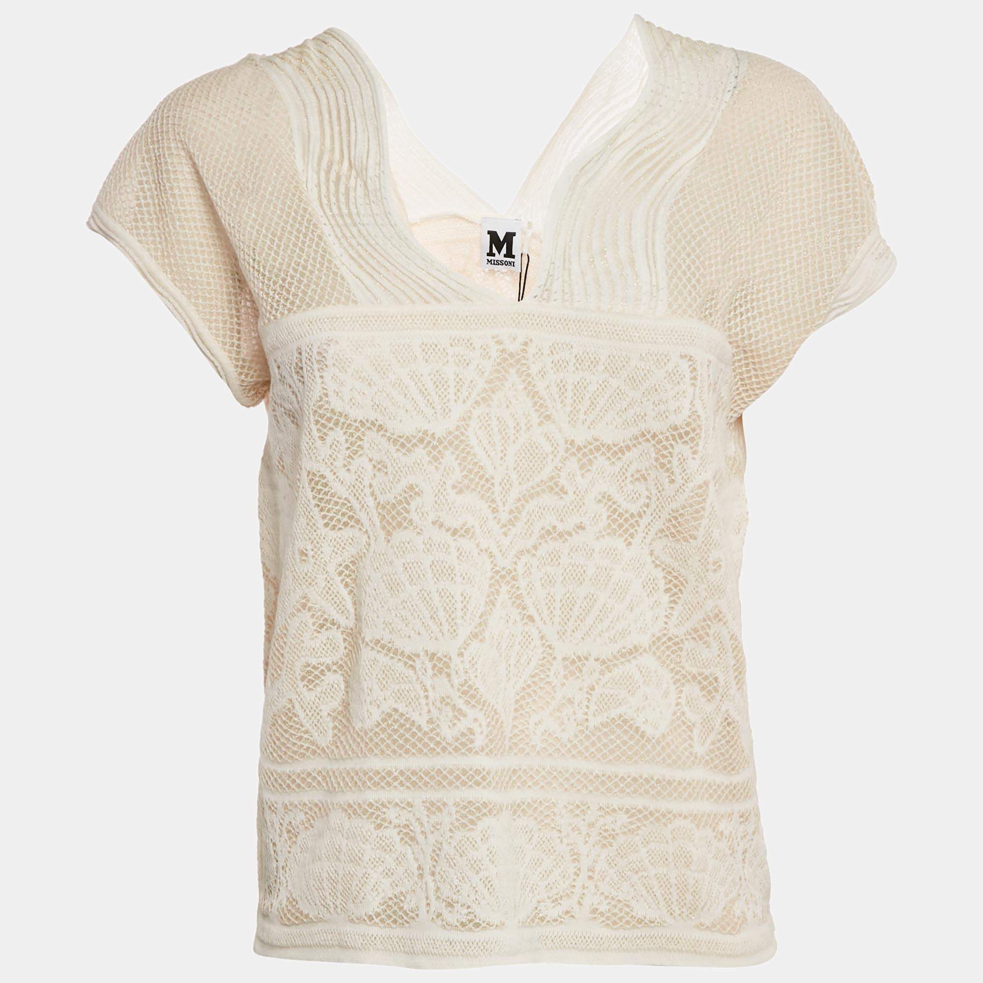 Pre Owned M Missoni White Seashell Pattern Lurex Knit V-Neck Top L