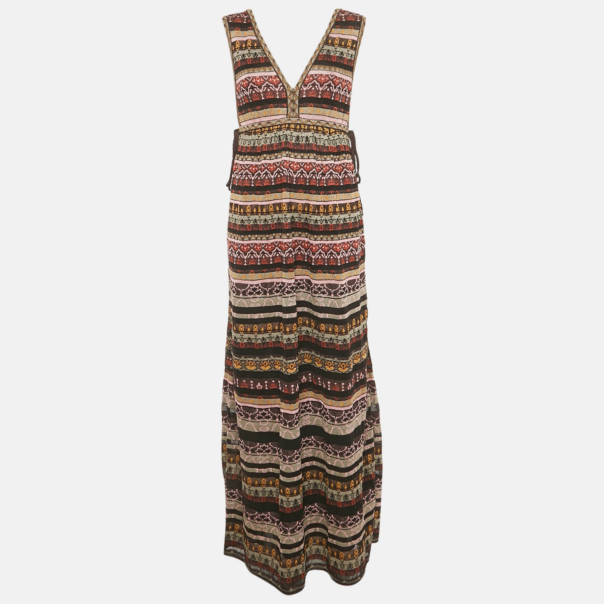 Pre Owned M Missoni Multicolor Stripe Knit Lurex V-Neck Maxi Dress M