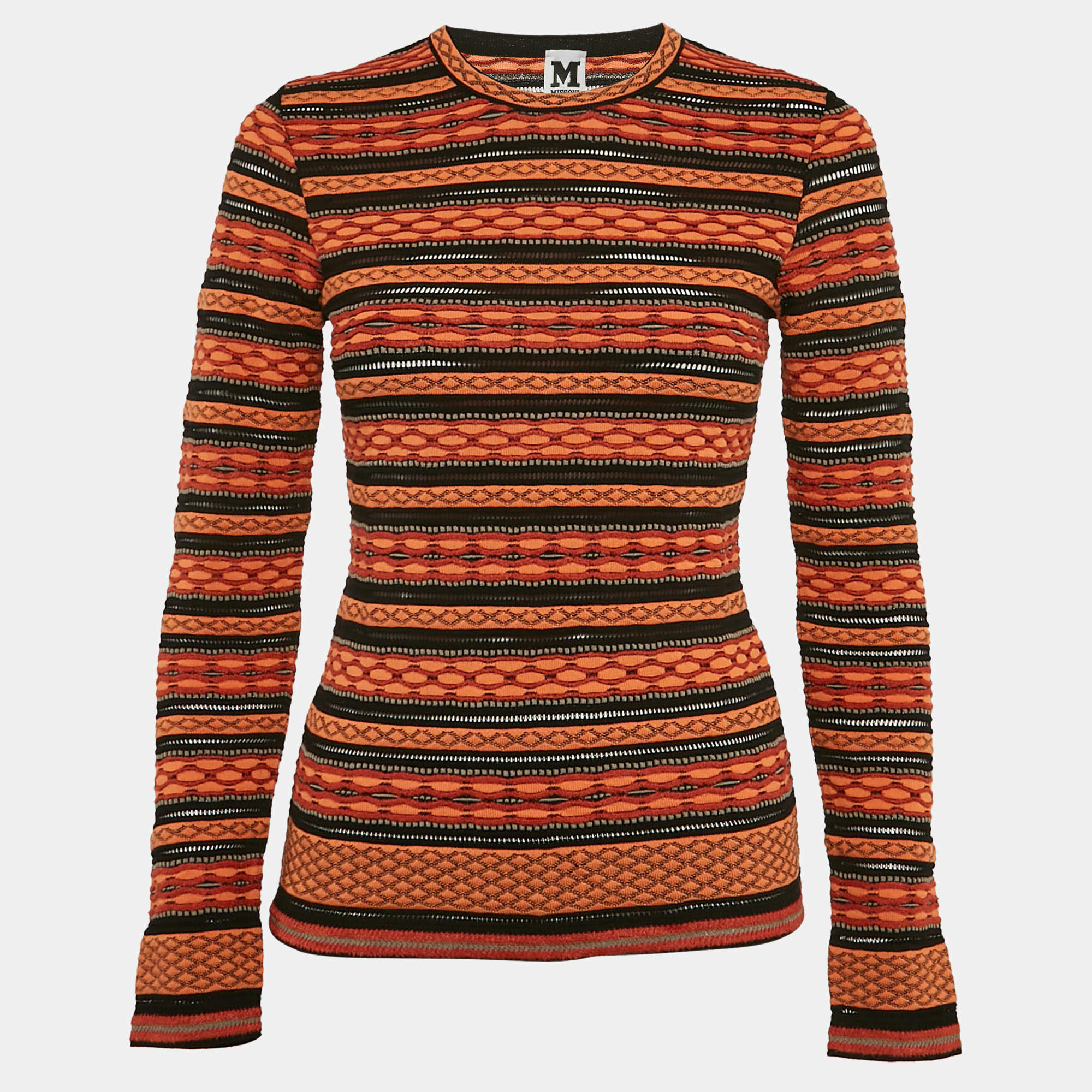 Pre Owned M Missoni Orange/Black Patterned Knit Full Sleeve Top M
