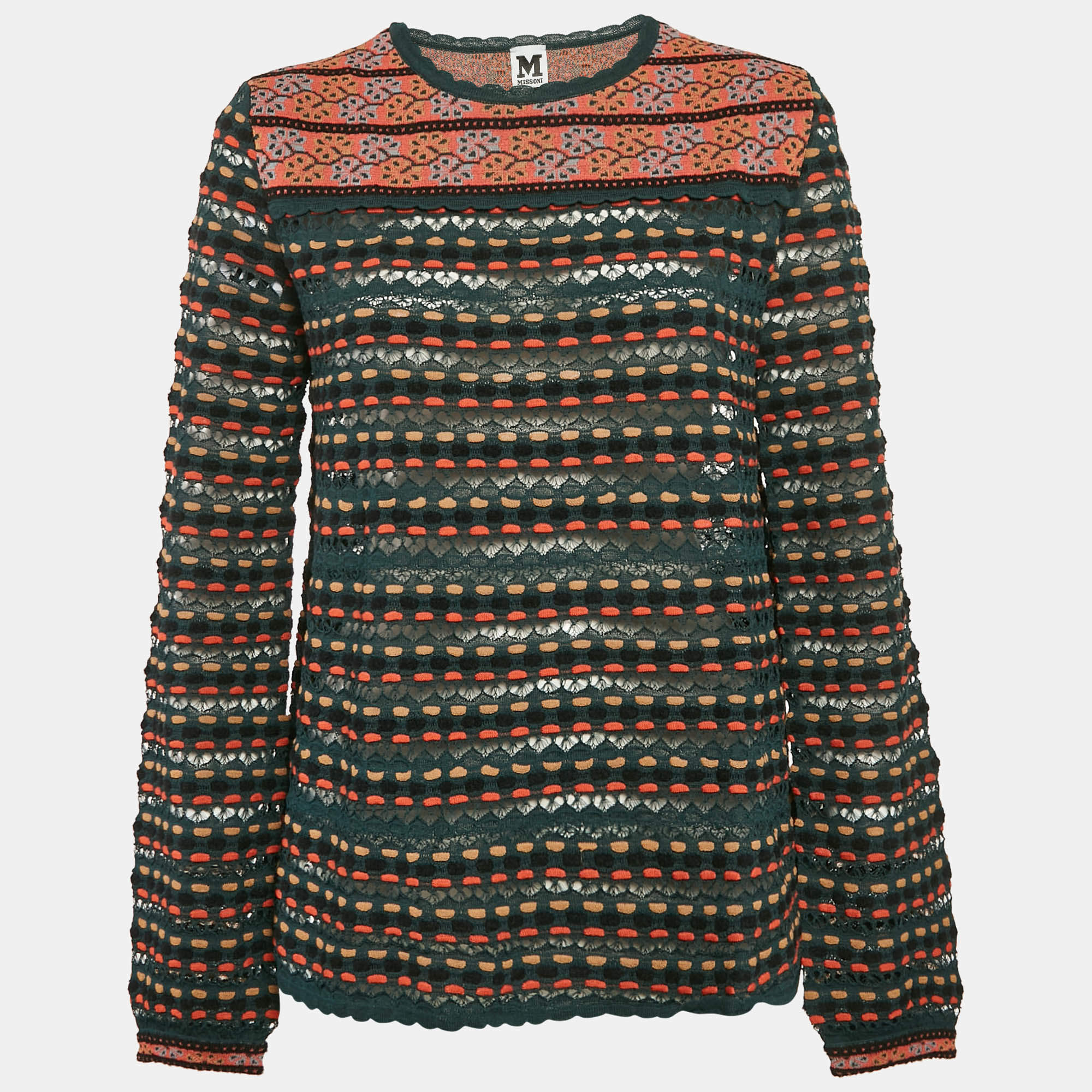 Pre Owned M Missoni Teal Blue Pointelle Knit Long Sleeve Knit Top S