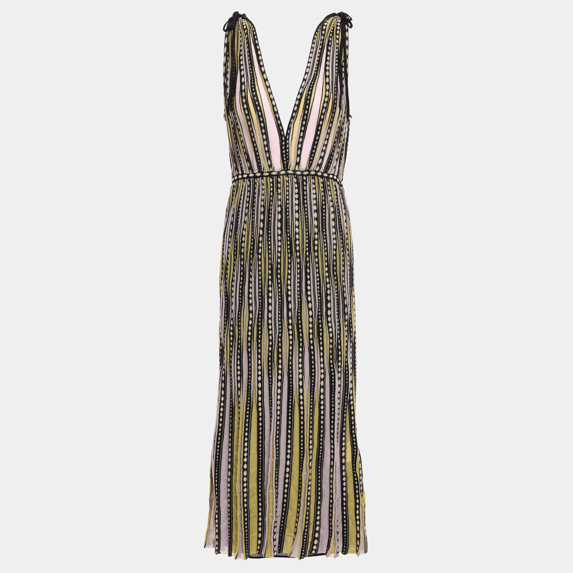 Pre Owned M Missoni Yellow / Black Patterned Lurex Knit Sleeveless Midi Dress L