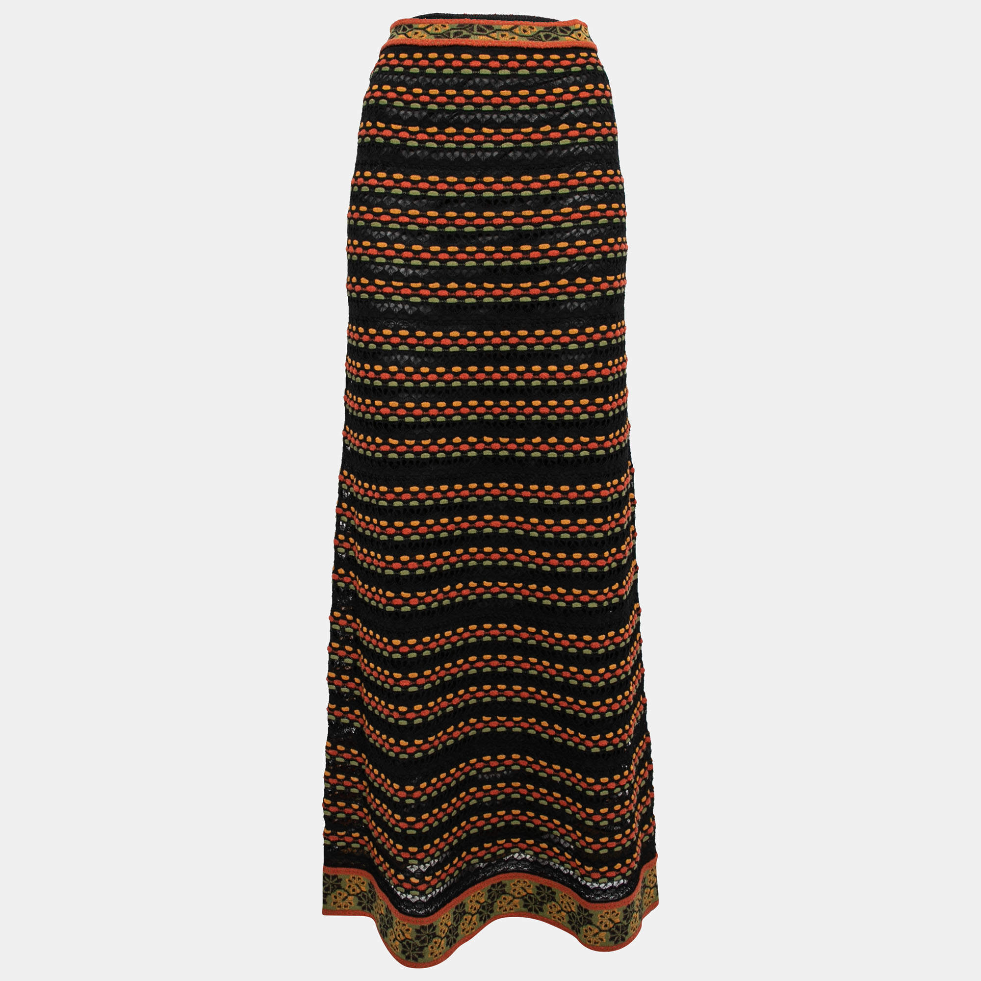 Pre Owned M Missoni Black/Orange Perforated Knit Maxi Skirt L